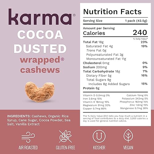 Miniatura 2 de Karma Nuts - Anacardos espolvoreados de cacao con piel, enteros, dulces, tostados, veganos, sin gluten, bajos en carbohidratos netos, naturales,