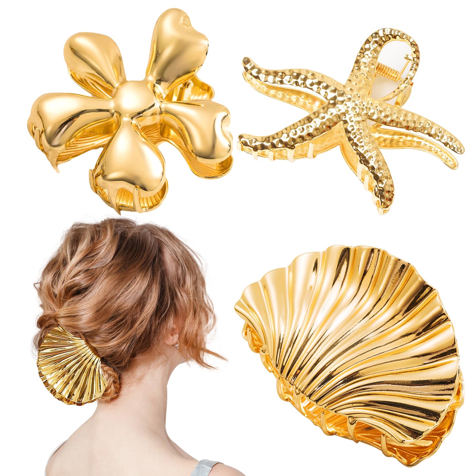 3PCS Large Starfish Shell Flower Gold Claw Clips, Fashionable Metal Seashell Hair Clip