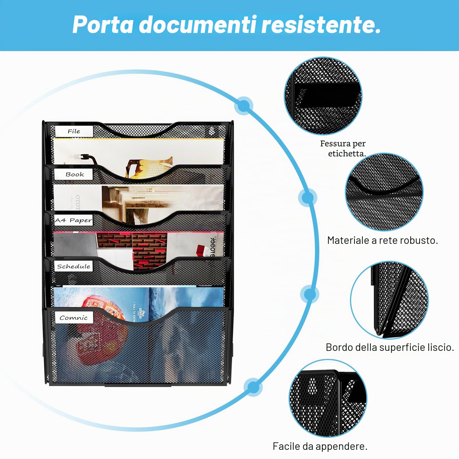 Organizer Documenti da Parete 5 Livelli con Portariviste A4 - Metallo Schedario Ufficio Multifunzione, Portabrochure per Casa e Scuola - Nero