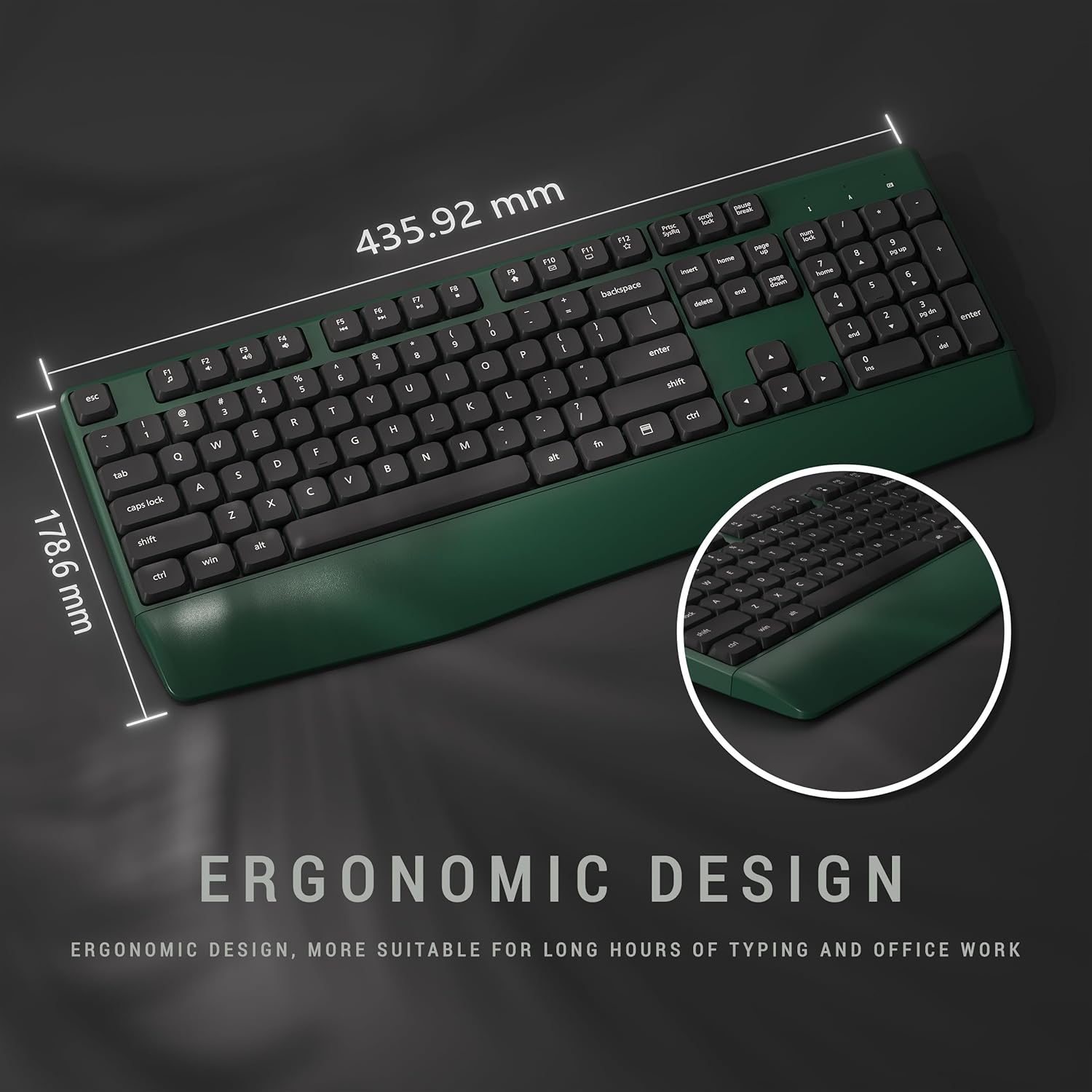 MPTOG Ergonomic Keyboard and Mouse Combo with Wrist Rest, BK Chipset, Full-Size Colorful Office Keyboard and Mouse, Power Button, USB Receiver for PC Laptop(Dark-Green Black)
