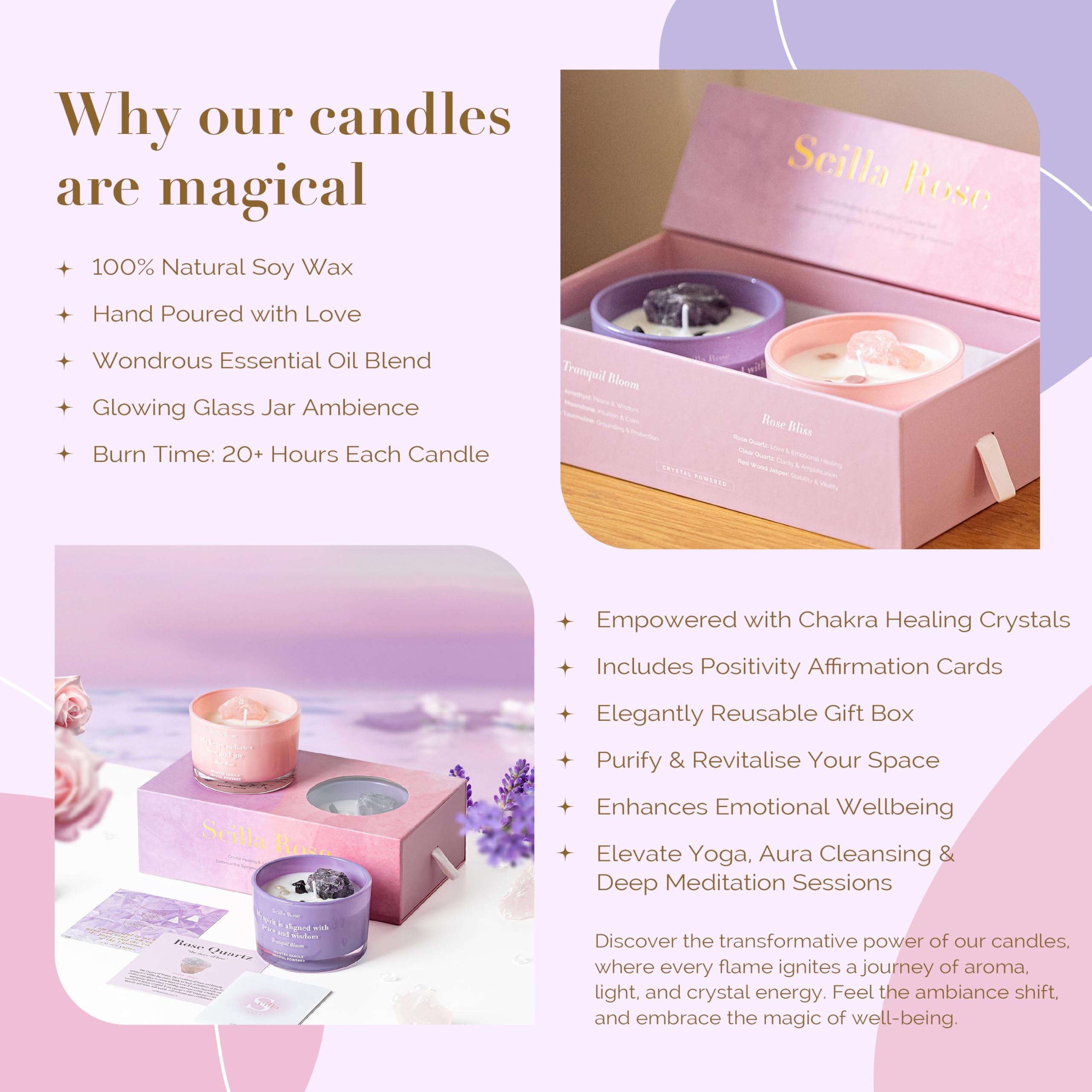 Scilla Rose Juego de velas de cristal de lujo, velas de cera de soja perfumadas de cuarzo rosa y amatista, cuidado personal de aromaterapia, sueño de lavanda, alivio del estrés, regalos únicos