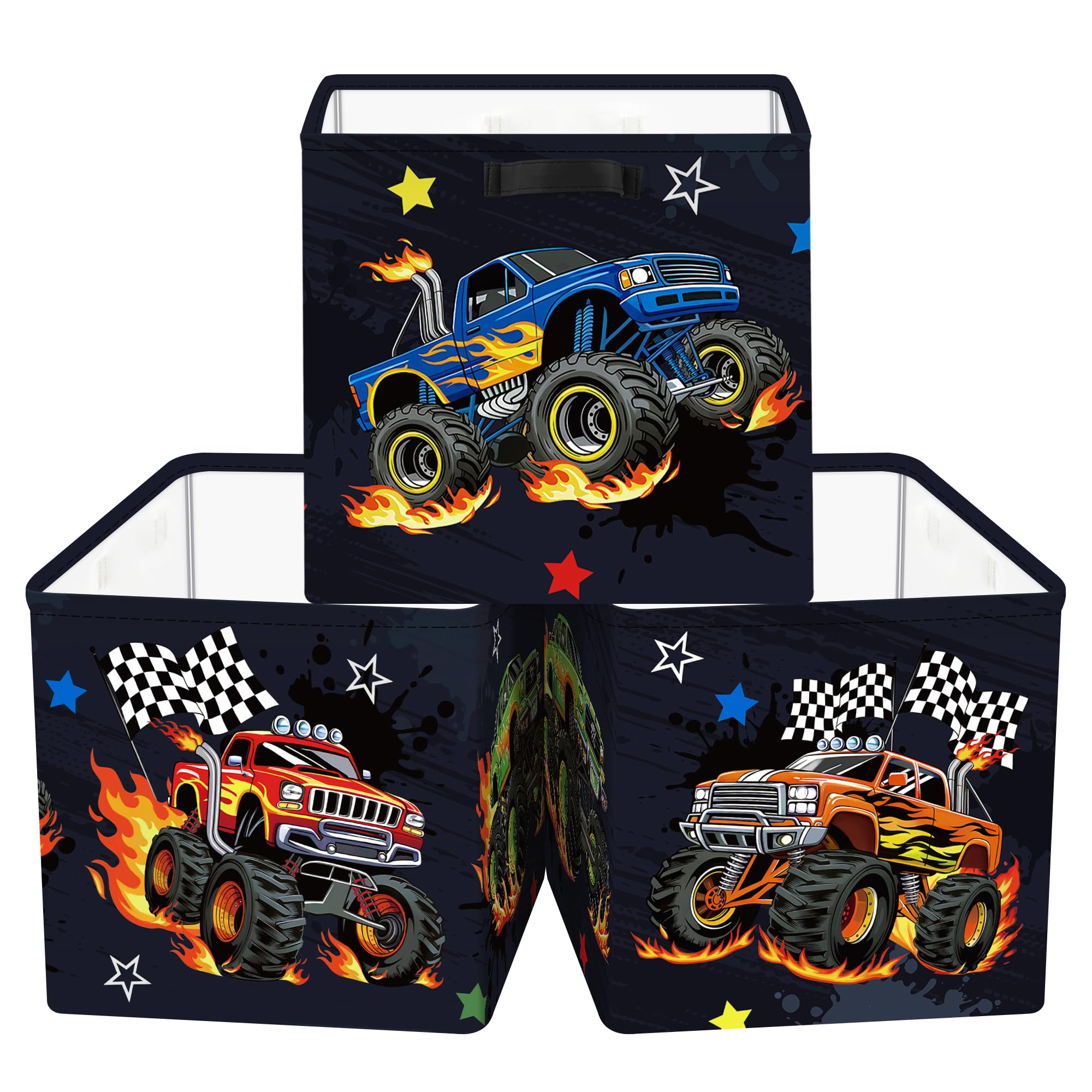 HUUMONSS 11.8" Construction Vehicles Storage Cube Organizer Set 3Pcs Clothes Storage Basket Bin for Home Cars Kid Book Toy Chest Monster Truck