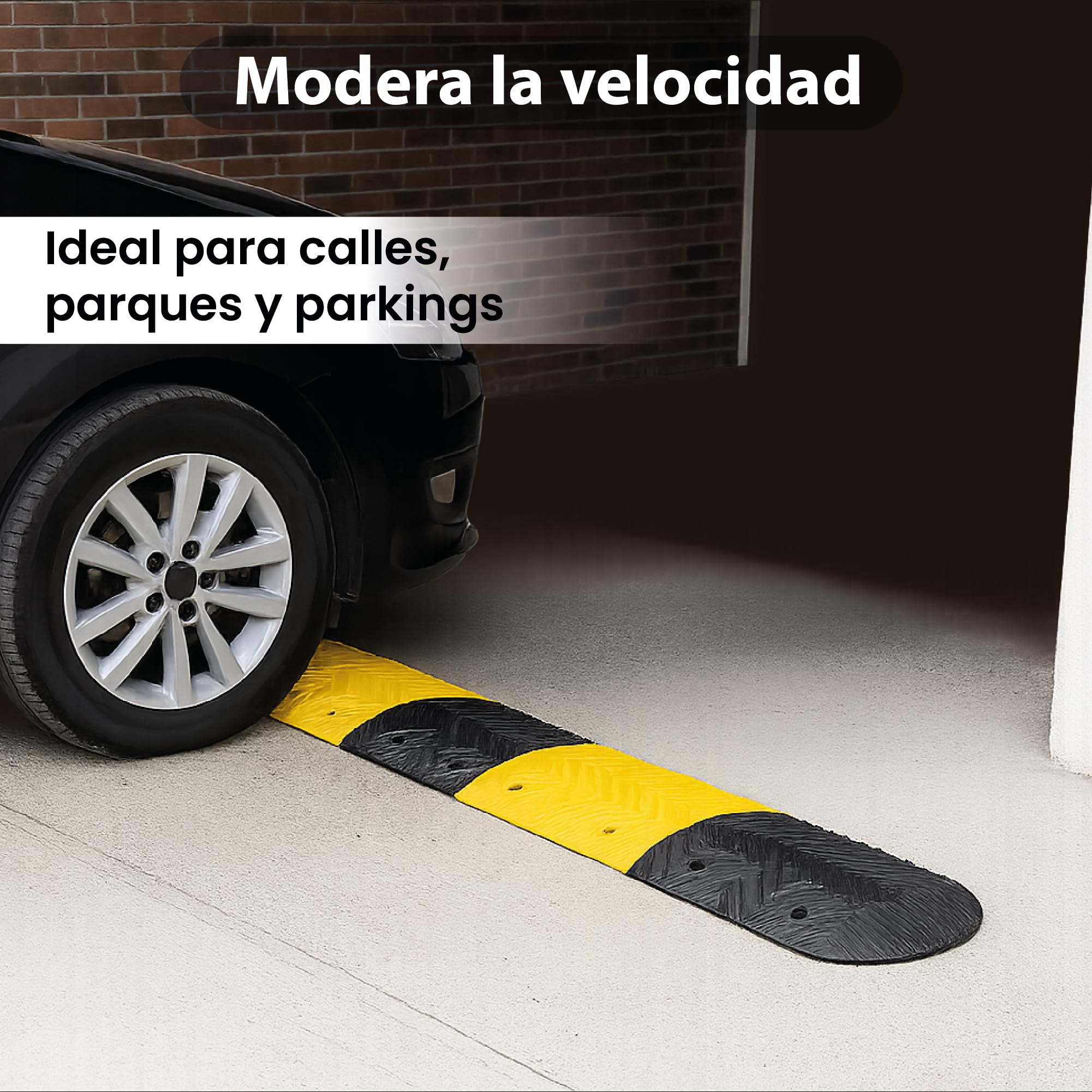 Pack Completo – Reductor de Velocidad Vial 35mm de Alto con Tornillos – Badenes de Goma para Rampa Garaje, Suelo, Carretera, Aparcamiento o Parking– Badenes para Garaje Resistentes - Alta Visibilidad