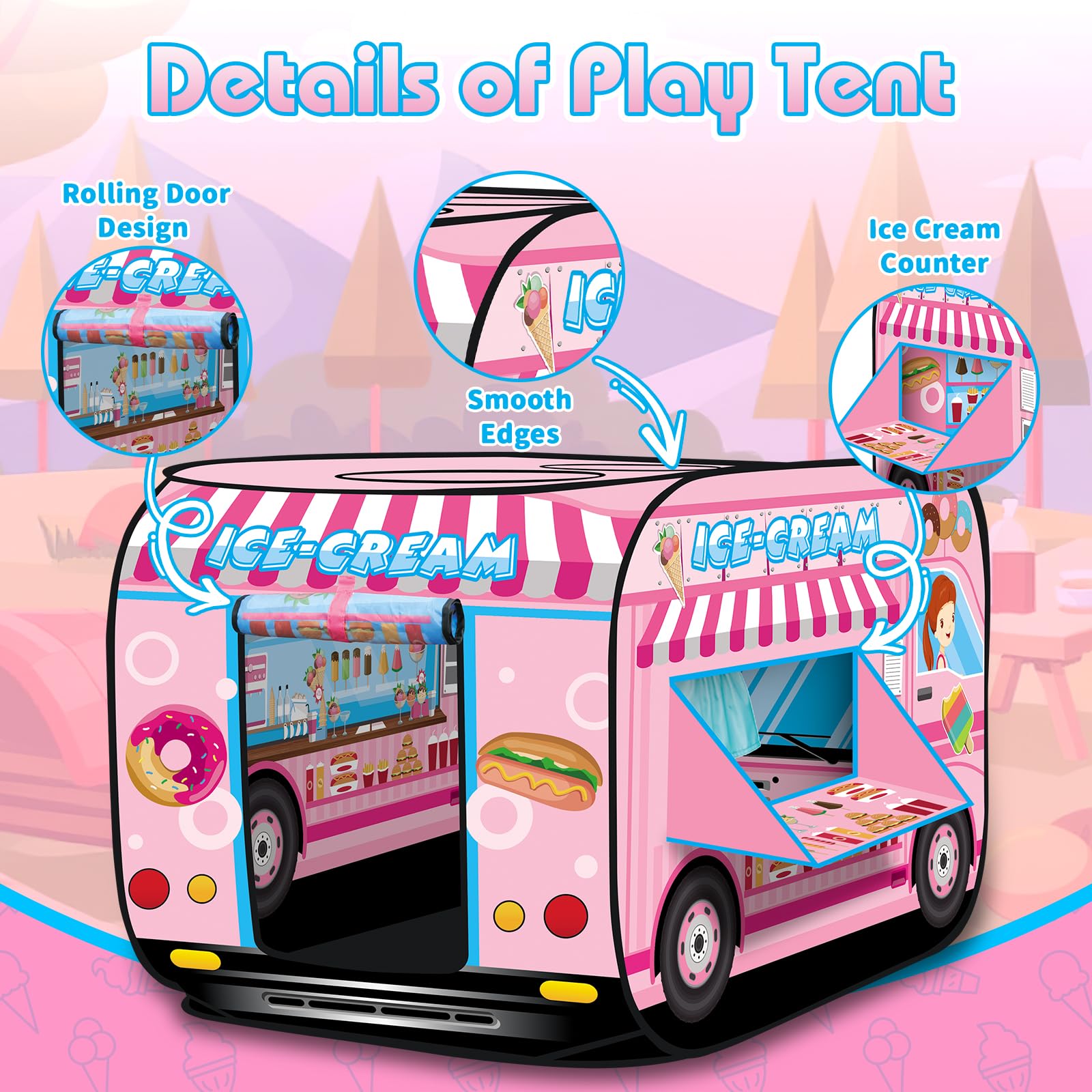 deAO Casita de Juegos Carpa Infantil Tienda con Diseño Pop Up Auto Armable Montaje Rápido Actividades Recreativas al Interior Exterior Área de Recreo (Heladería, Camión de los Helados)