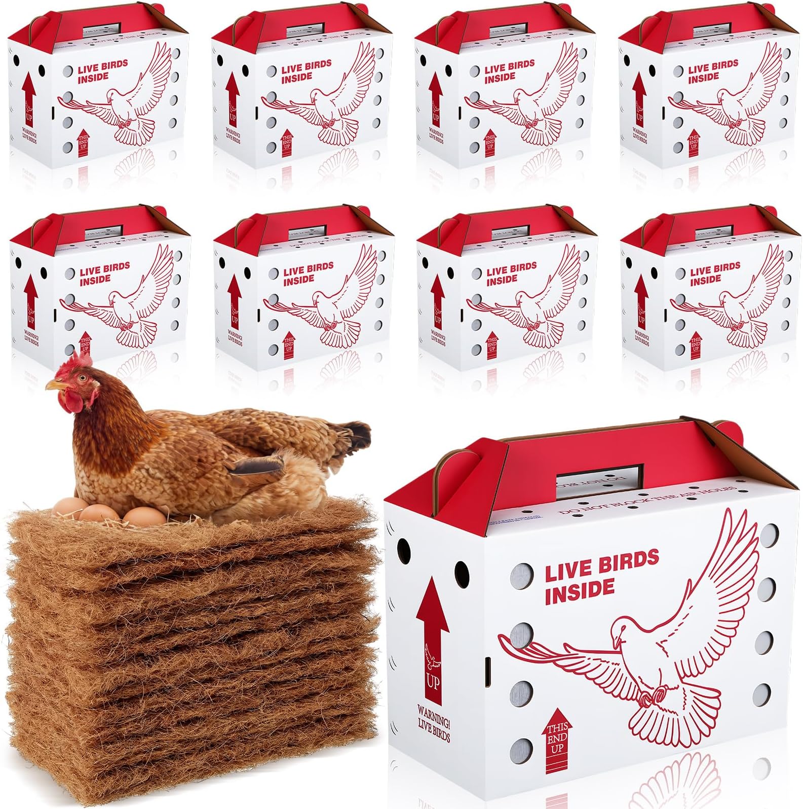 9 Pack Single Live Chicken Shipping Boxes with Nesting Box Pads, 17.5 x 8.5 x 11.5 Live Bird Shipping Boxes Cardboard Pet Carrier with Handle for Poultry, Chickens, Small Animals