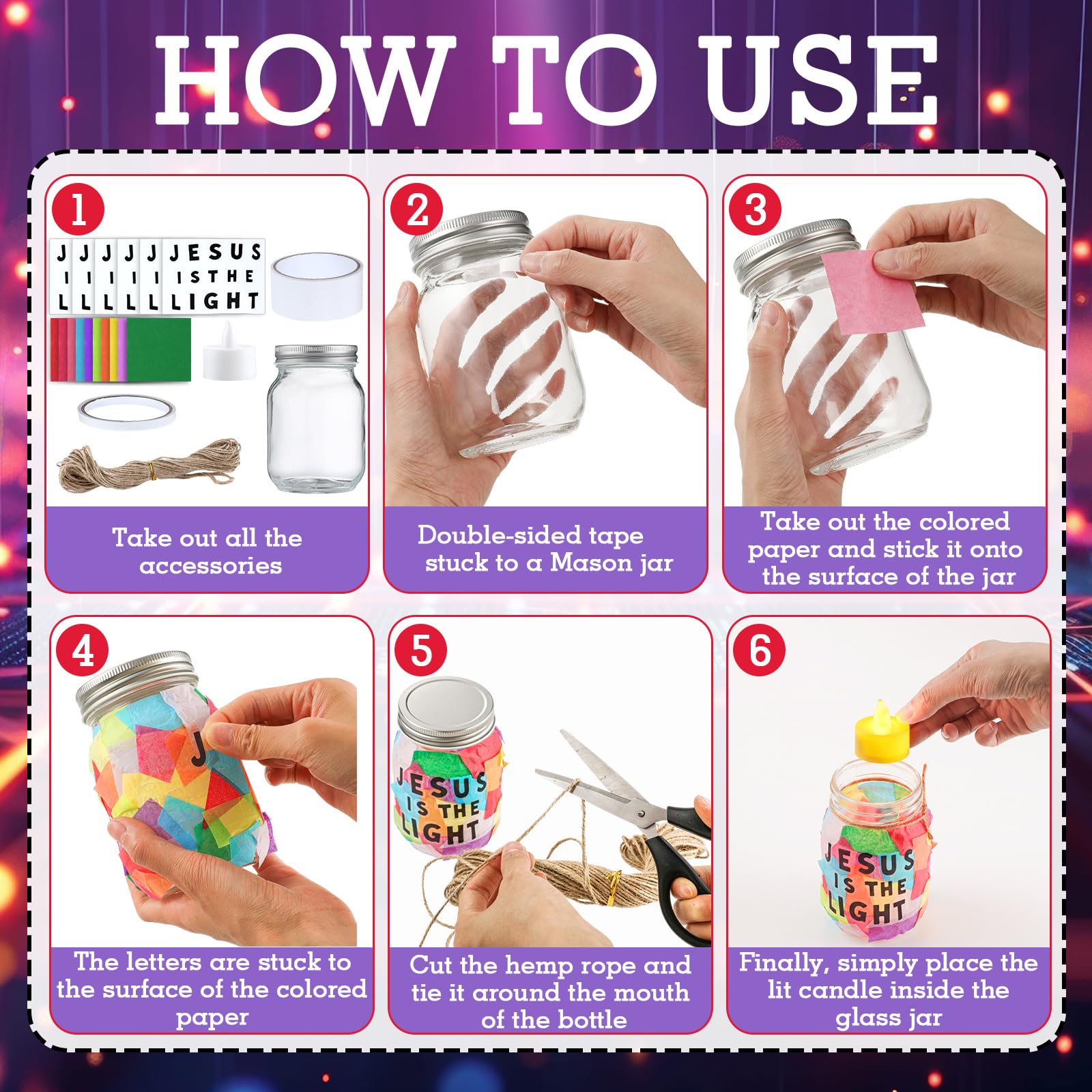 Domensi VBS Lot de 6 pots Mason 2026 avec autocollants Jésus est la lumière, bougies LED, ficelle en papier de soie pour activités scolaires du dimanche, projets de bricolage chrétiens, décoration