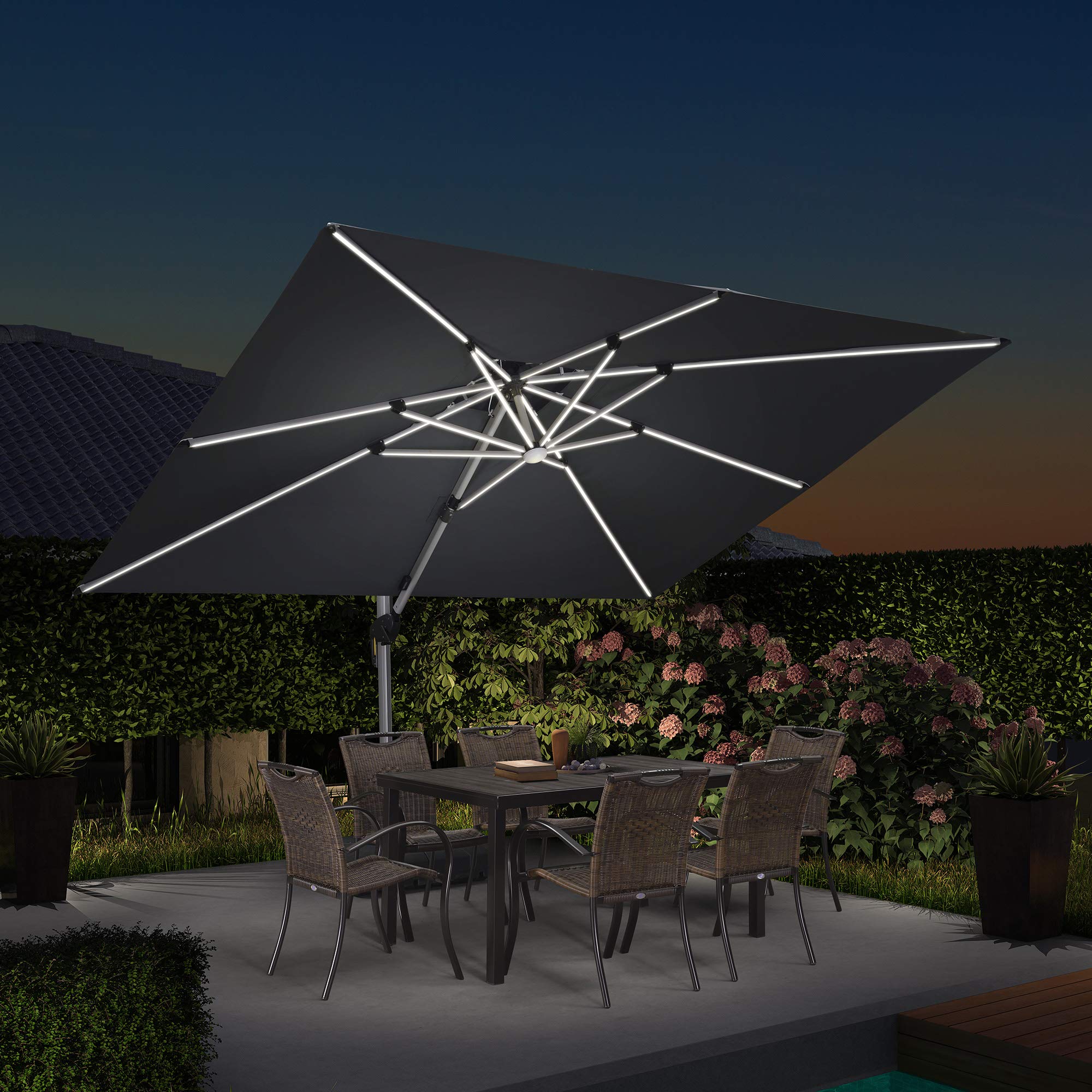 purple leaf 9' x 12' double top deluxe solar powered led rectangle patio umbrella offset hanging umbrella outdoor market umbrella garden umbrella, grey