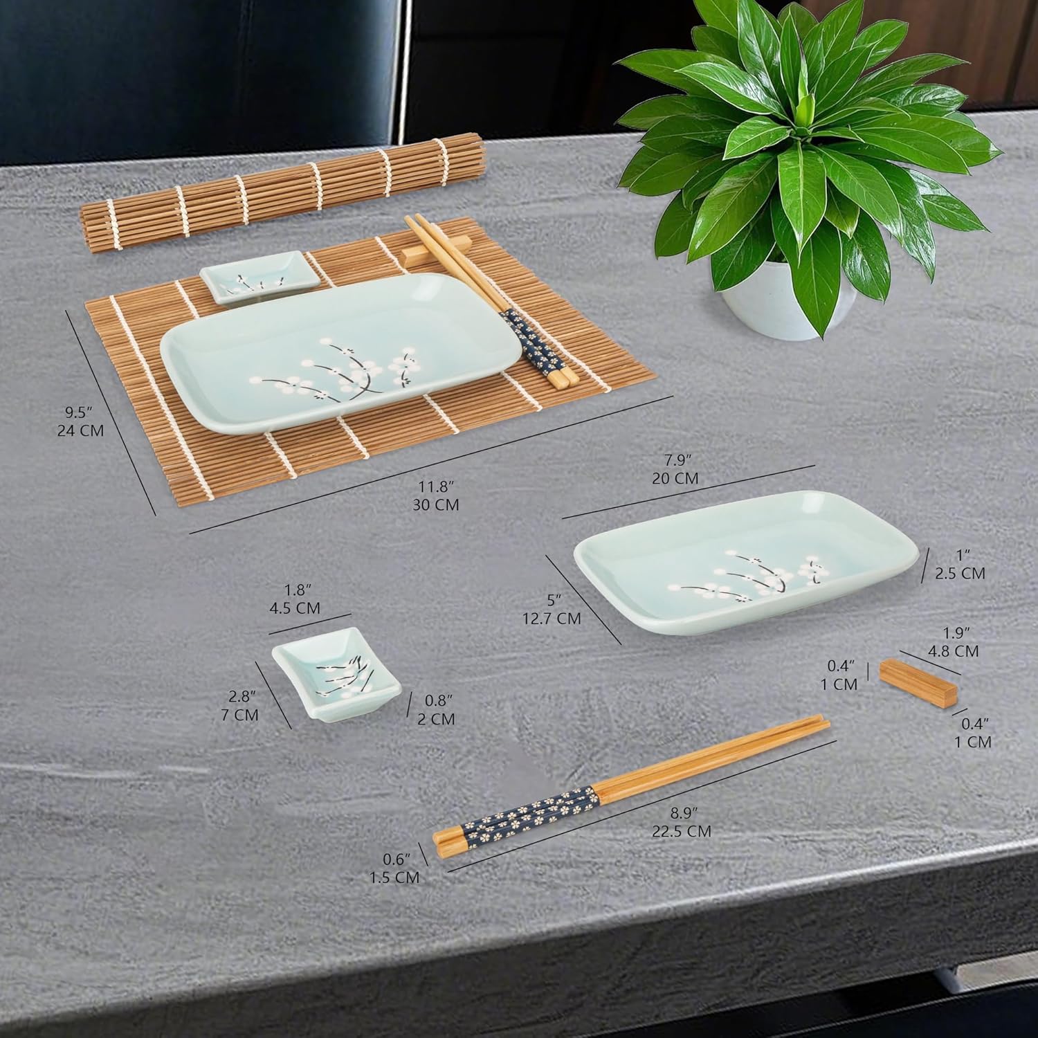 Exzact Sushi Plate Set 10pcs - 2 x Sushi Plates, 2 x Dip Bowls, 2 x Placemats, 2 x Chopsticks Rests, 2 Pairs of Chopsticks - Porcelain - Gift Box - Blue