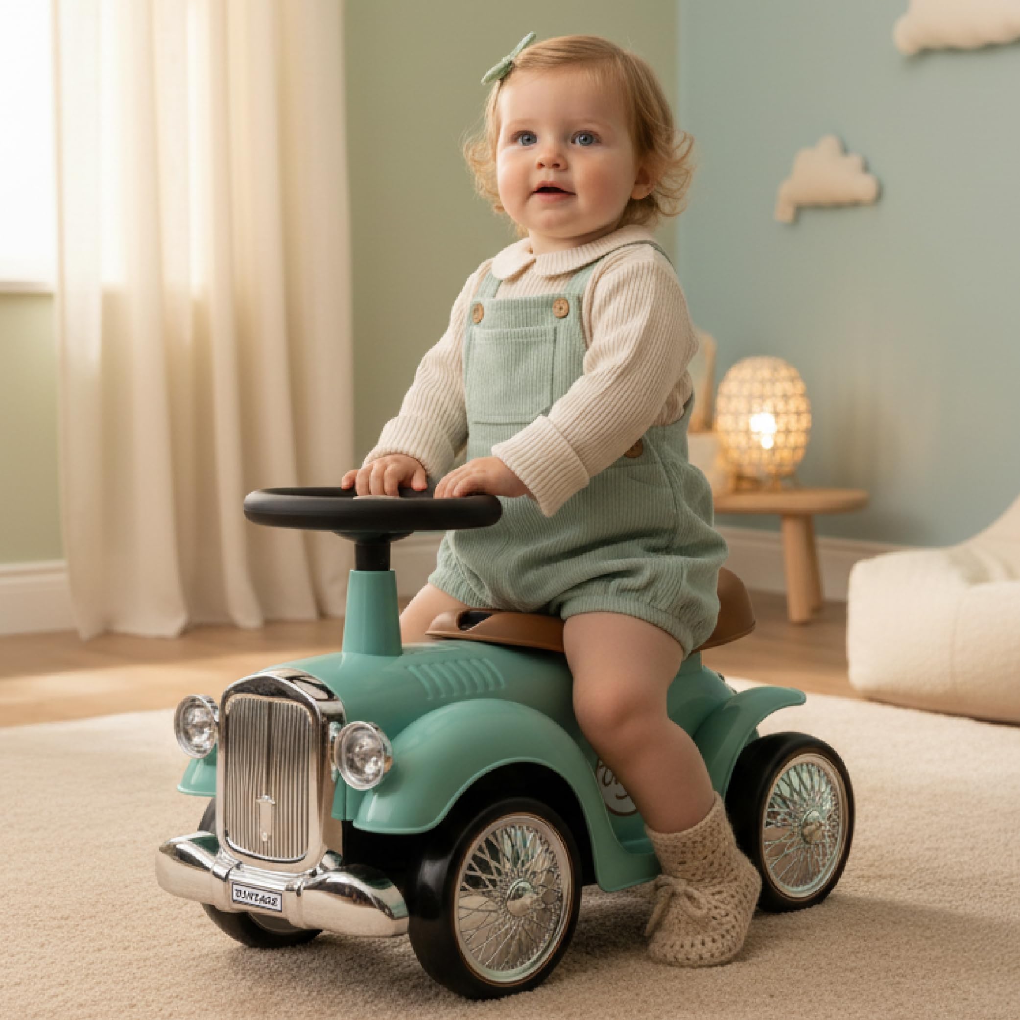 Macchinina bambino 1 anno Retro Classic, macchinina cavalcabile bambino, auto per bambini, aiuto per imparare a camminare con suoni, Volante con clacson (Turchese)