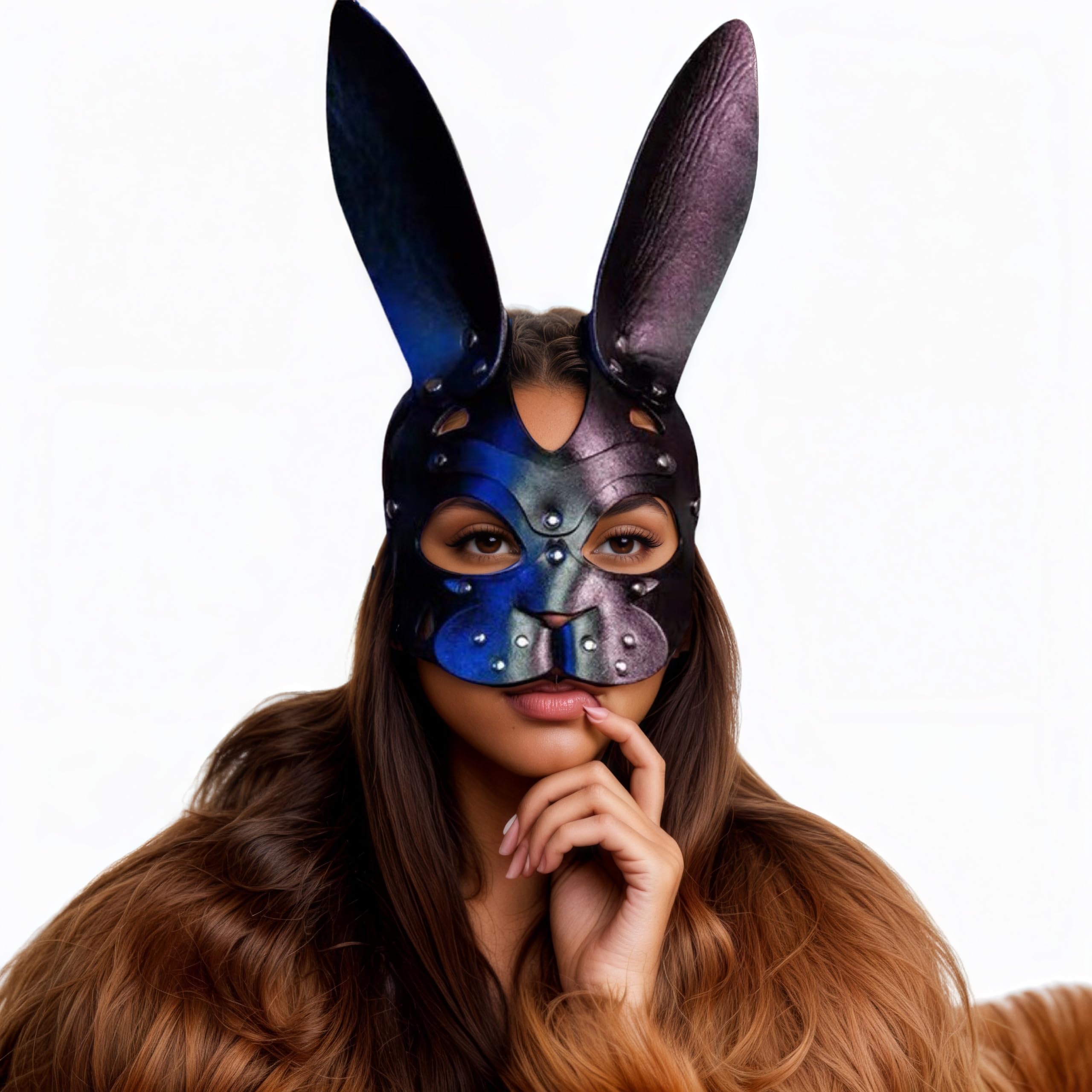 Faxianther Women Punk PU Leather Masquerade Maks Steampunk Rivets Fox Cat Bunny Animal Costume Accessory Halloween Cosplay Roleplay Raves Mardi Gras Party Night Club Half Face Mask Dress-Up Props