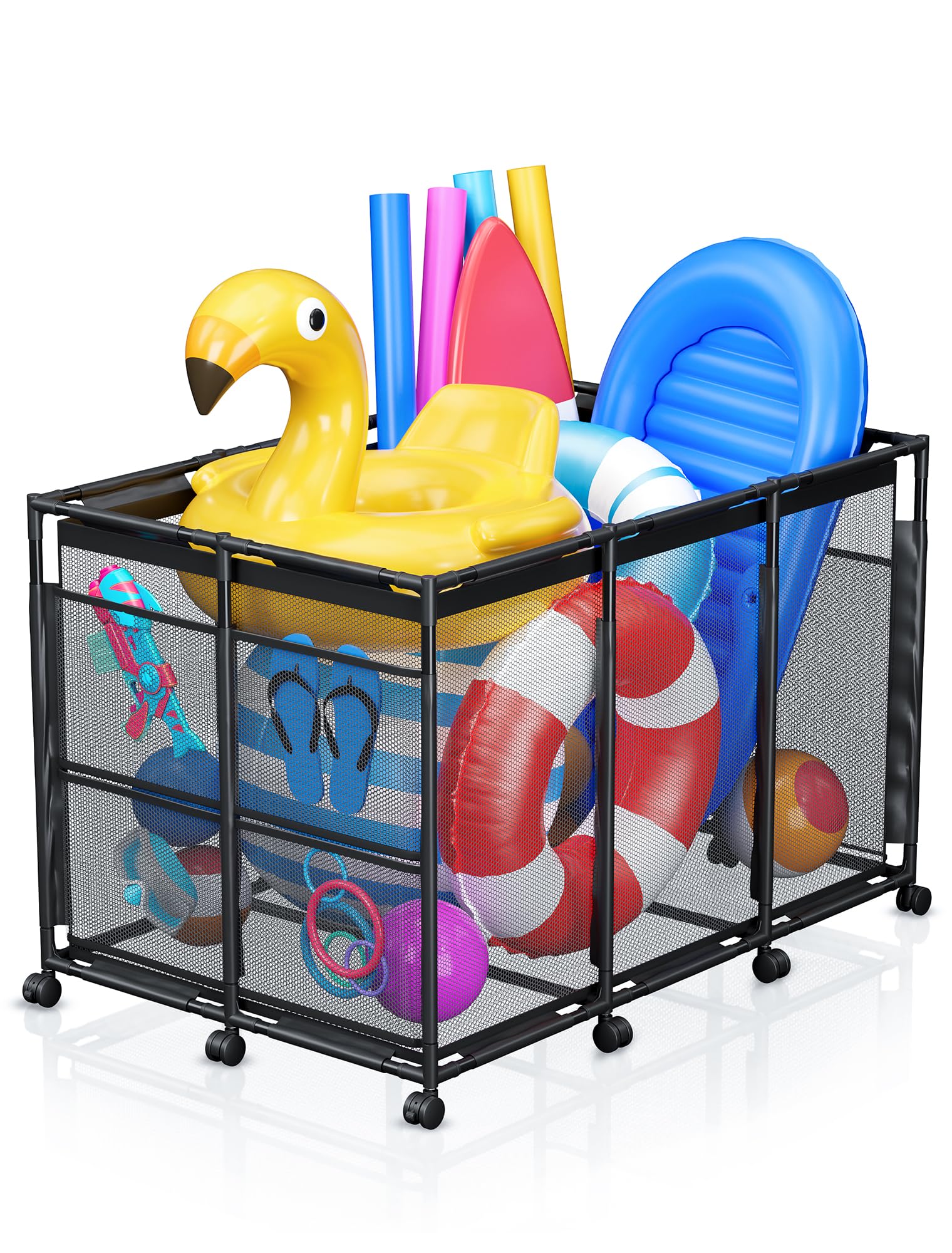 Contenitore galleggiante per piscina, contenitore per noodles, occhiali, galleggianti e palline, grande organizer per giocattoli da piscina all'aperto con ruote per accessori da nuoto, nero