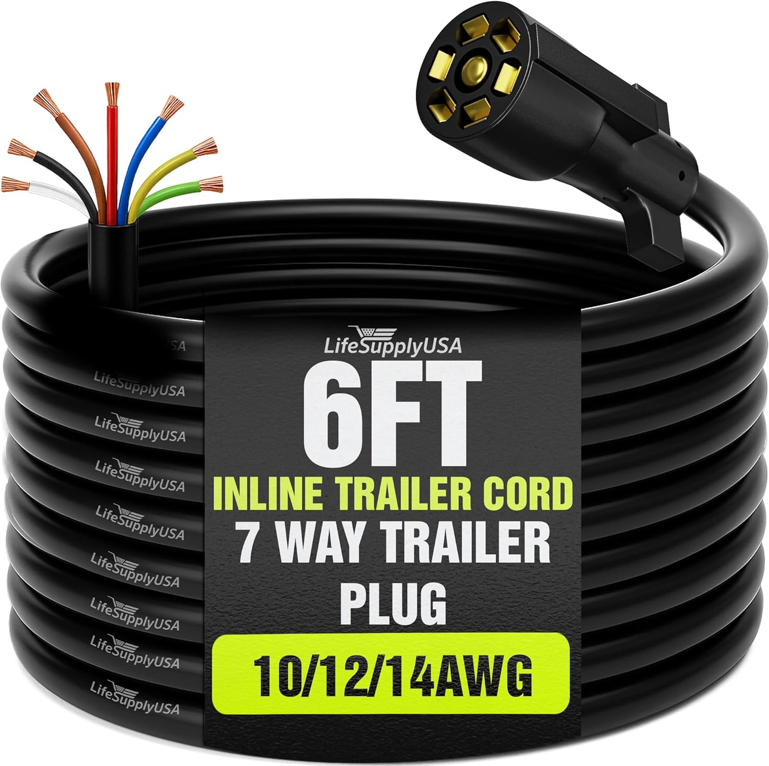 LifeSupplyUSA 7 Way Trailer Plug Heavy Duty Inline Trailer Cord (8ft + Junction Box)