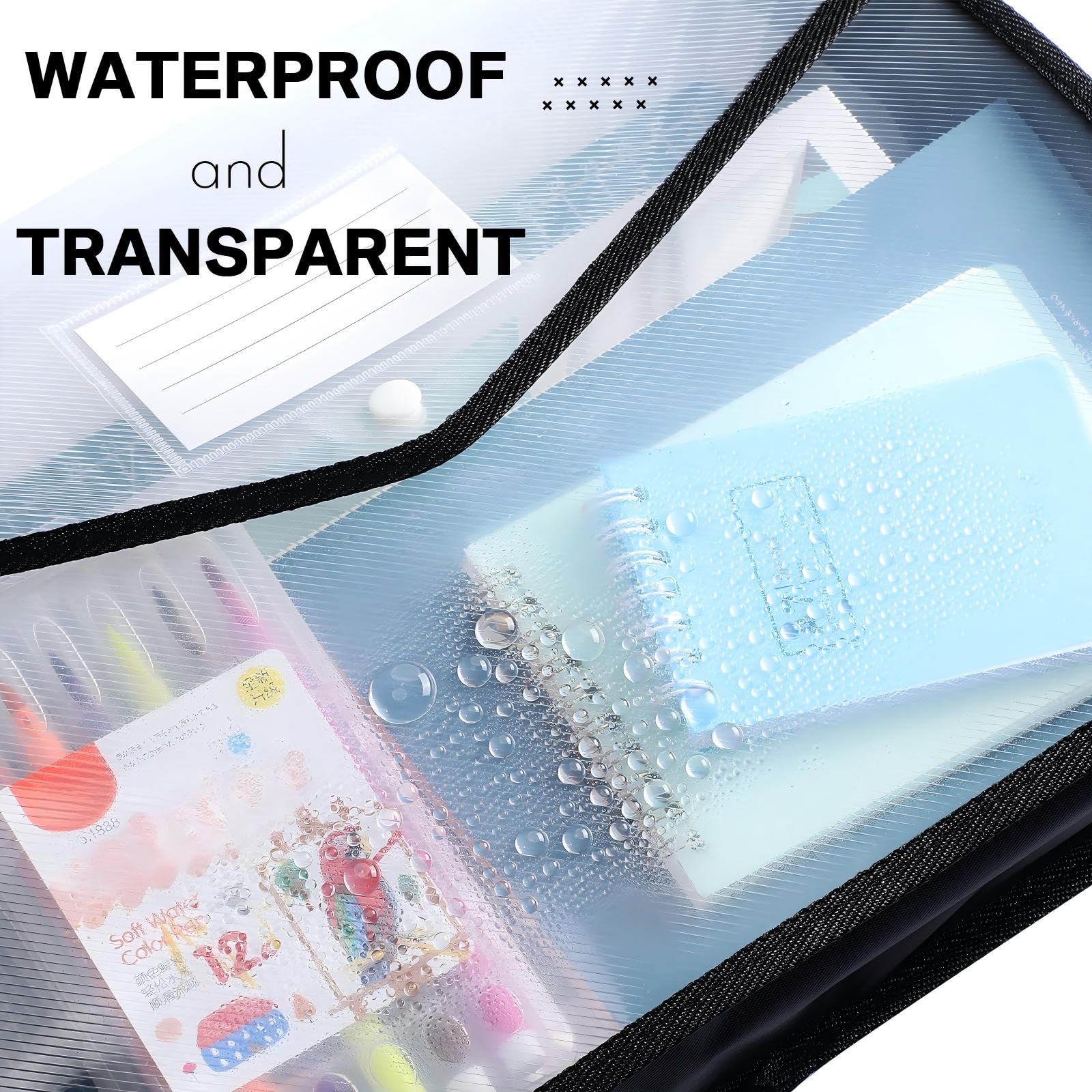 10 cartelle portadocumenti in plastica B4 espandibili per documenti, con chiusura a scatto e tasca, impermeabile, trasparente, per scuola, ufficio, casa, colore: nero