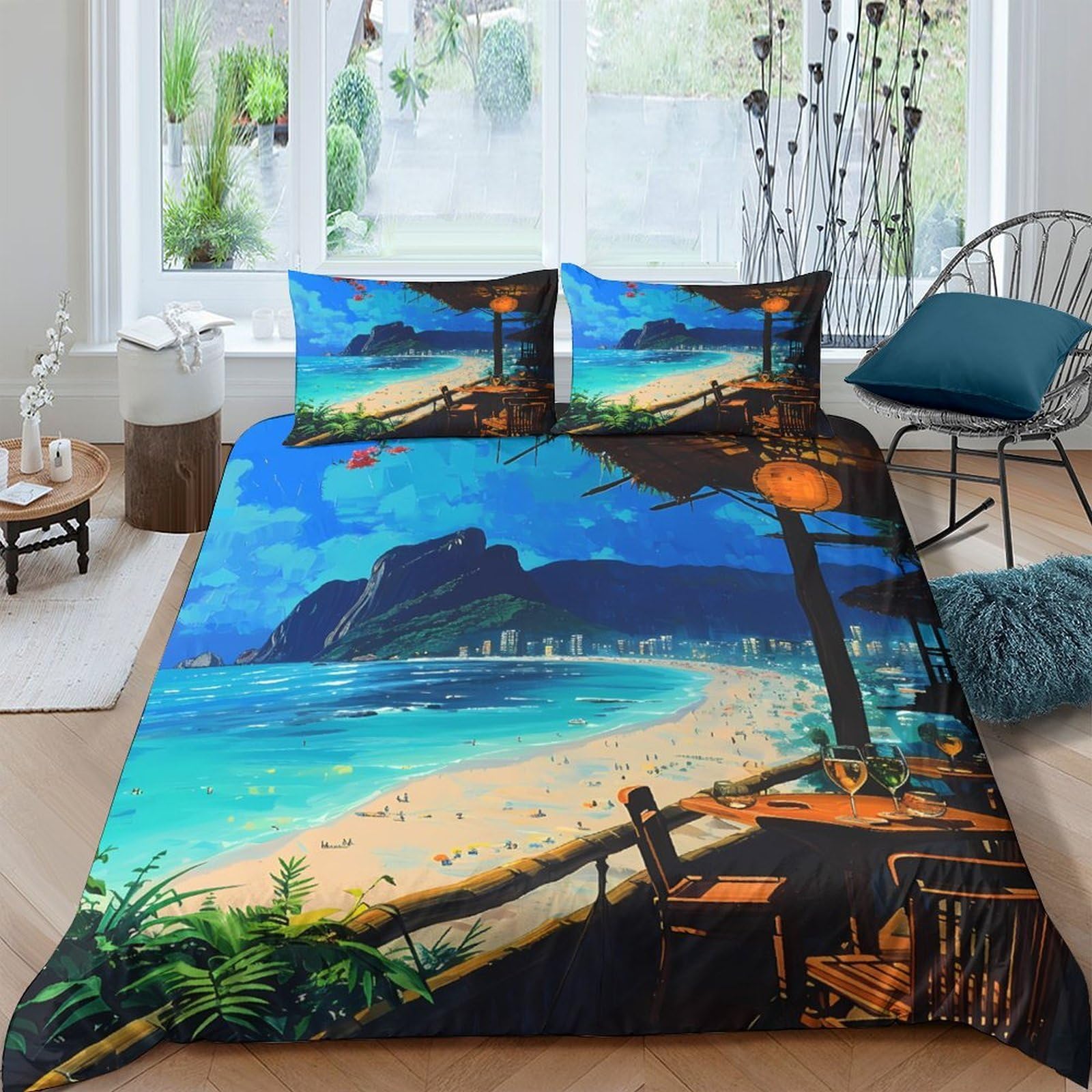 GPLZQXKJNH 3D Printed Beach Sunset Duvet Cover Set Microfiber Soft Breathable Ocean View Bedding with 2 Pillowcases for Bedroom Decor Single（135x200cm）