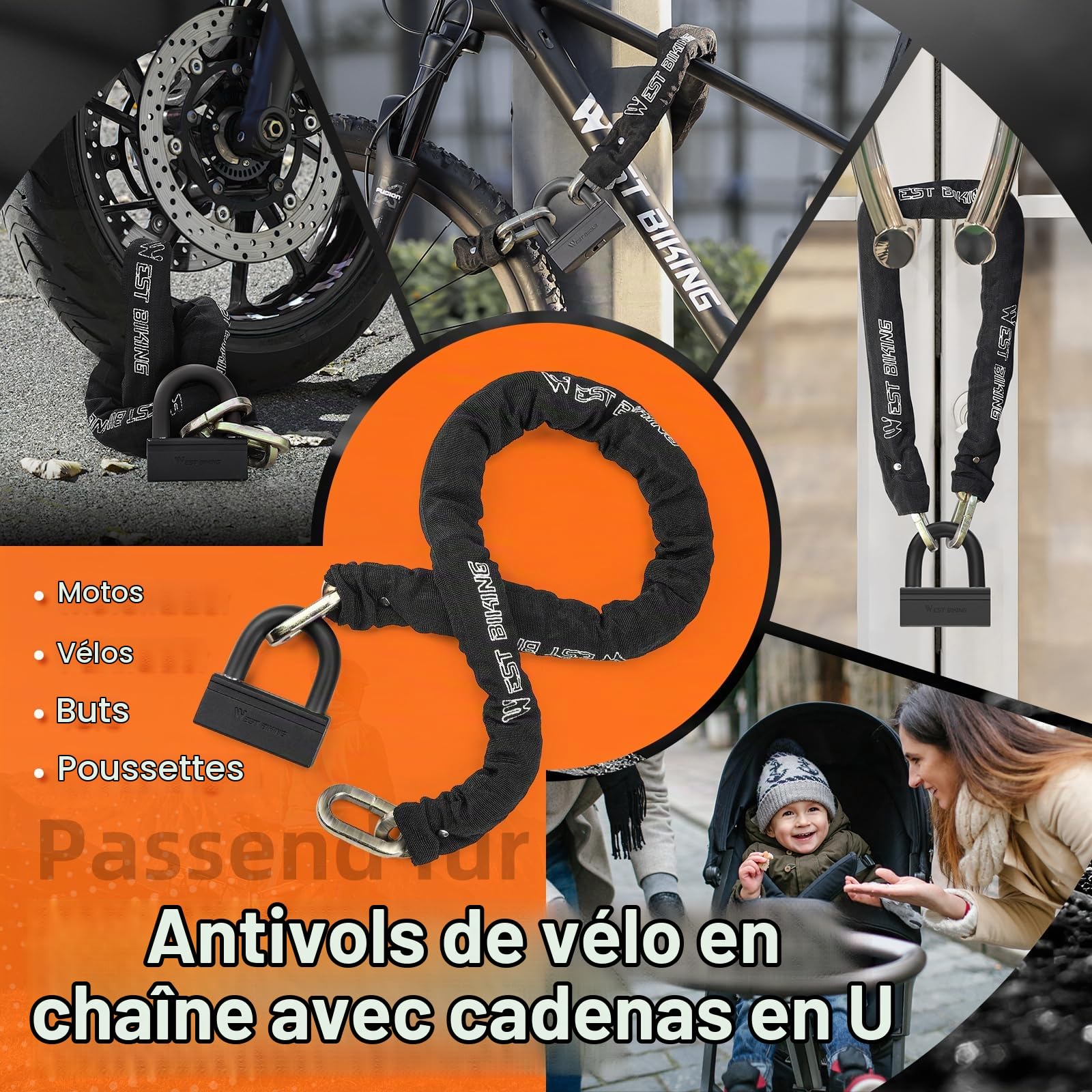 Antivol à chaîne pour vélo - 120 cm - Haute sécurité - 12 mm d'épaisseur - Robuste - Pour vélo électrique - Sécurité de porte de moto