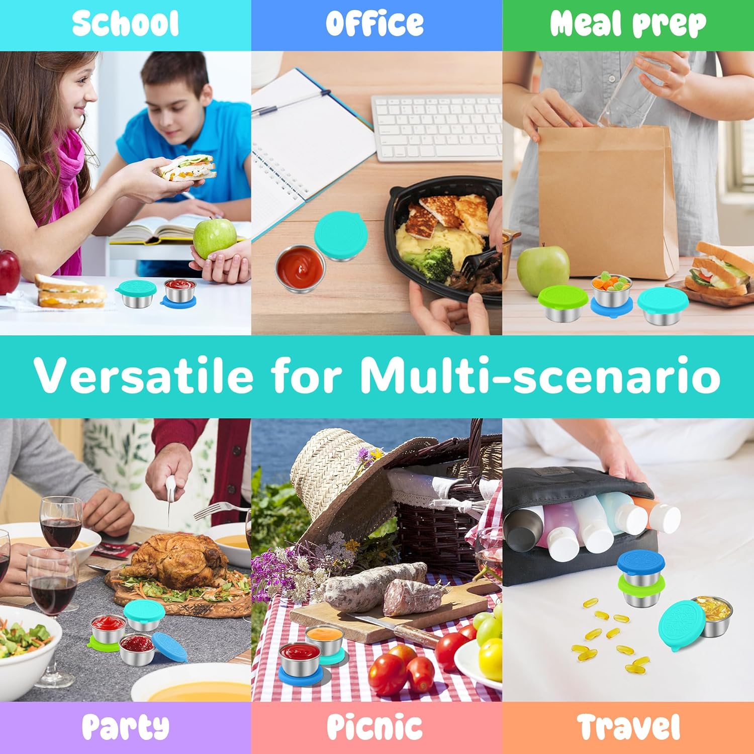 LIEMAND 6x1.6 oz Salad Dressing Container to Go, Leakproof Reusable Stainless Steel Small Container with Lid,Sauce Containers for Lunch box,Picnics,Travel,Office and Meal Prep