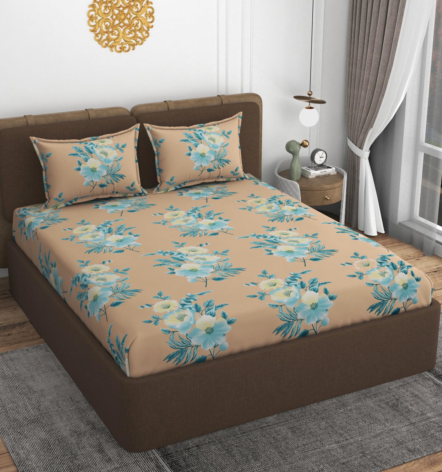 VOMZER 300 TC Cotton Feel Glace Cotton All Around Elastic Fitted Printed Queen Size Double Bed Bedsheet with 2 Pillow Cover(60"x78", Aqua Leaves)