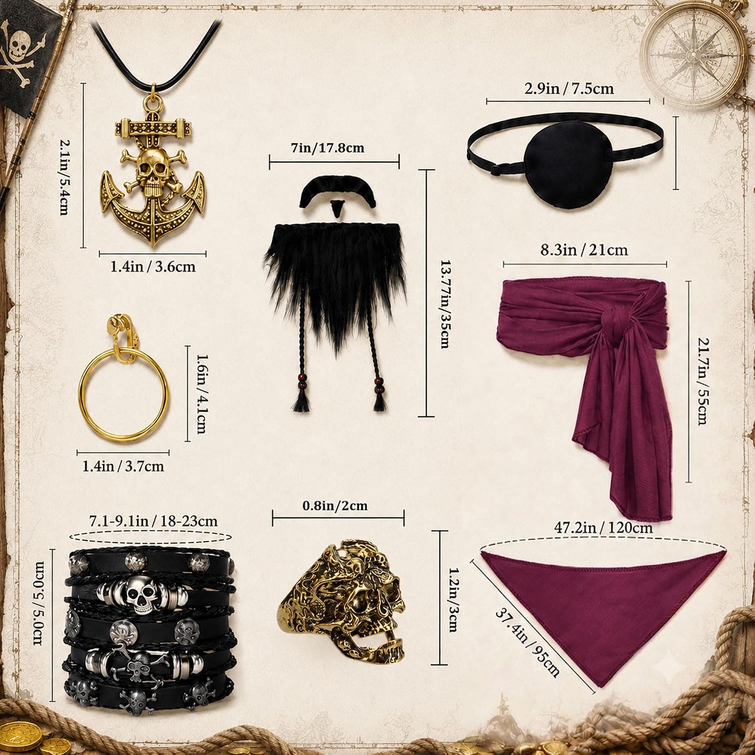 10PCS Pirate Costume for Men, Renaissance Medieval Viking Outfit for Halloween Cosplay with Shirt Pants Jewelry