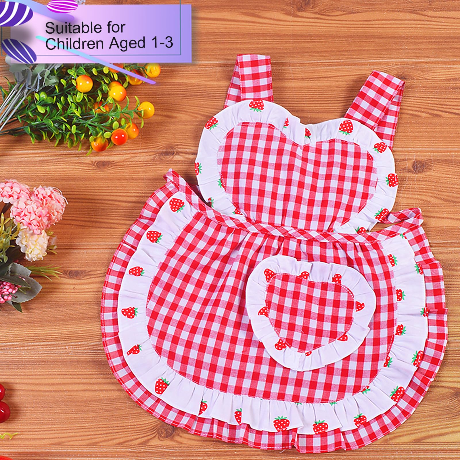 Love Potato Kids Aprons for Girls - Cute Gingham Toddler Girl's Apron for Ages 1-3 Years (Red2)