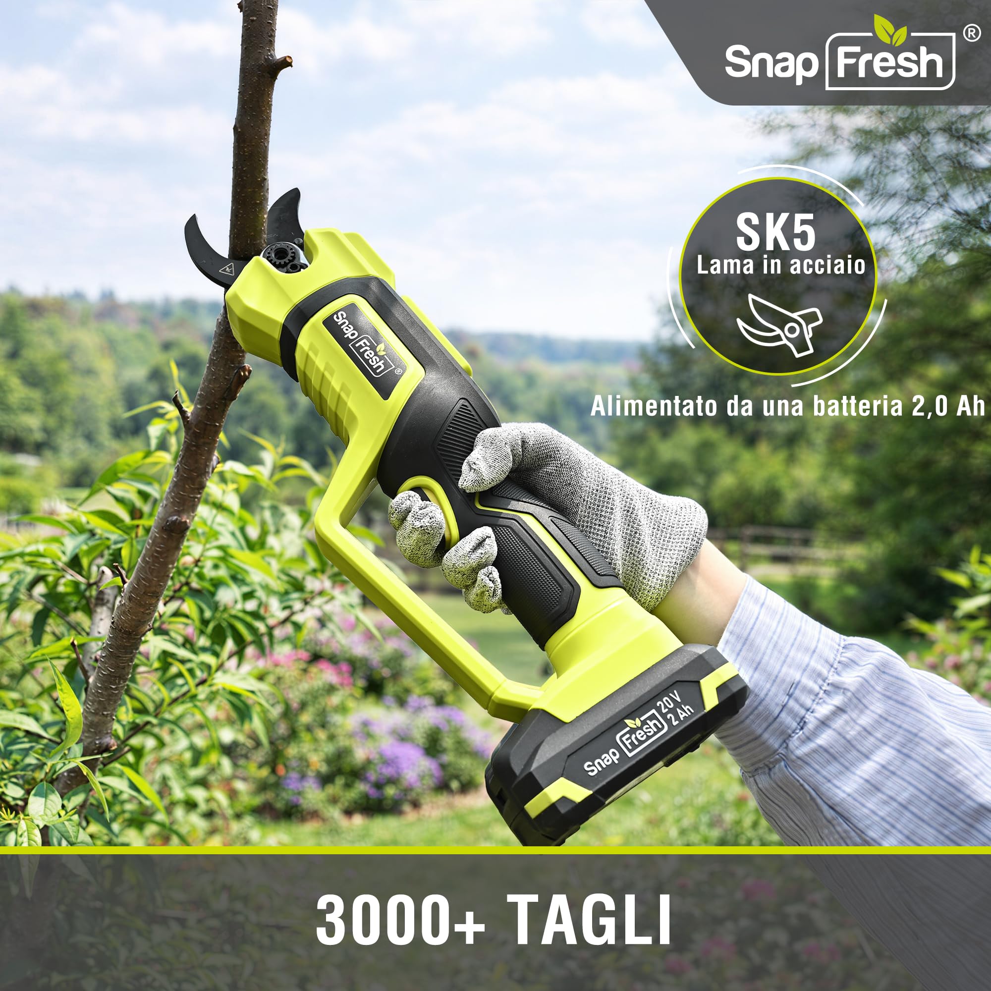 SnapFresh Forbici Potatura a Batteria Brushless, Diametro di Taglio Max 40 mm, Cesoie Elettriche con Batteria 2,0 Ah e Caricatore, Lama SK5 Senza Fili per Rami, Arbusti e Tronchi