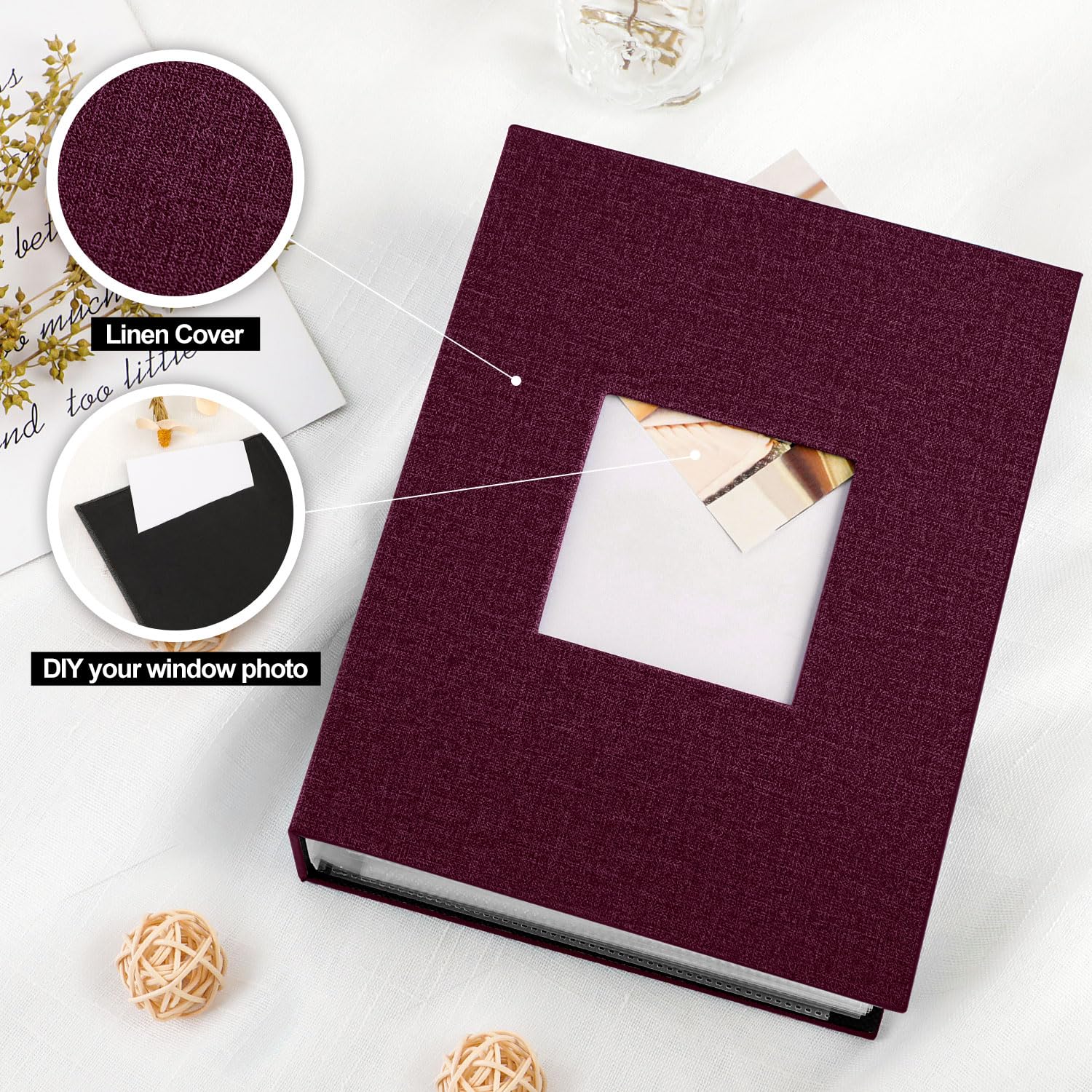 Benjia Photo Album 6x4 200 Pockets Slip in, Linen 200 Pockets Photo Albums Holds Landscape Only 10x15cm Picture Burgundy - Image 3