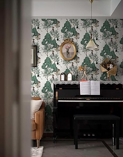 Miniatura 5 de Dimoon Papel tapiz floral de 78.7 x 16.1 pulgadas, papel de contacto con pájaros, verde y blanco, bosque estético, grueso, impermeable, grúas,