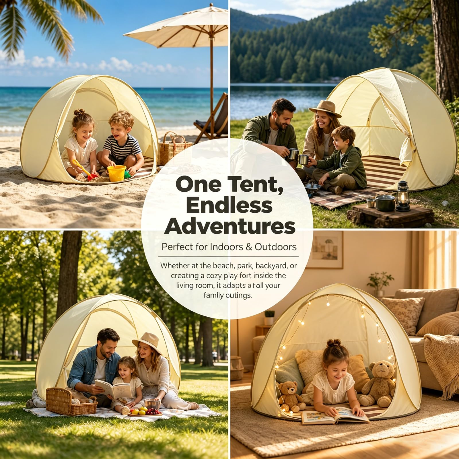 Tente de Plage Anti UV pour Bébé, Tente de Plage Pop Up pour 3-4 Personnes, Tente Coupe Vent de Plage, Pare Soleil Ventilé et Portable pour l'extérieur Beige,120CM/47IN