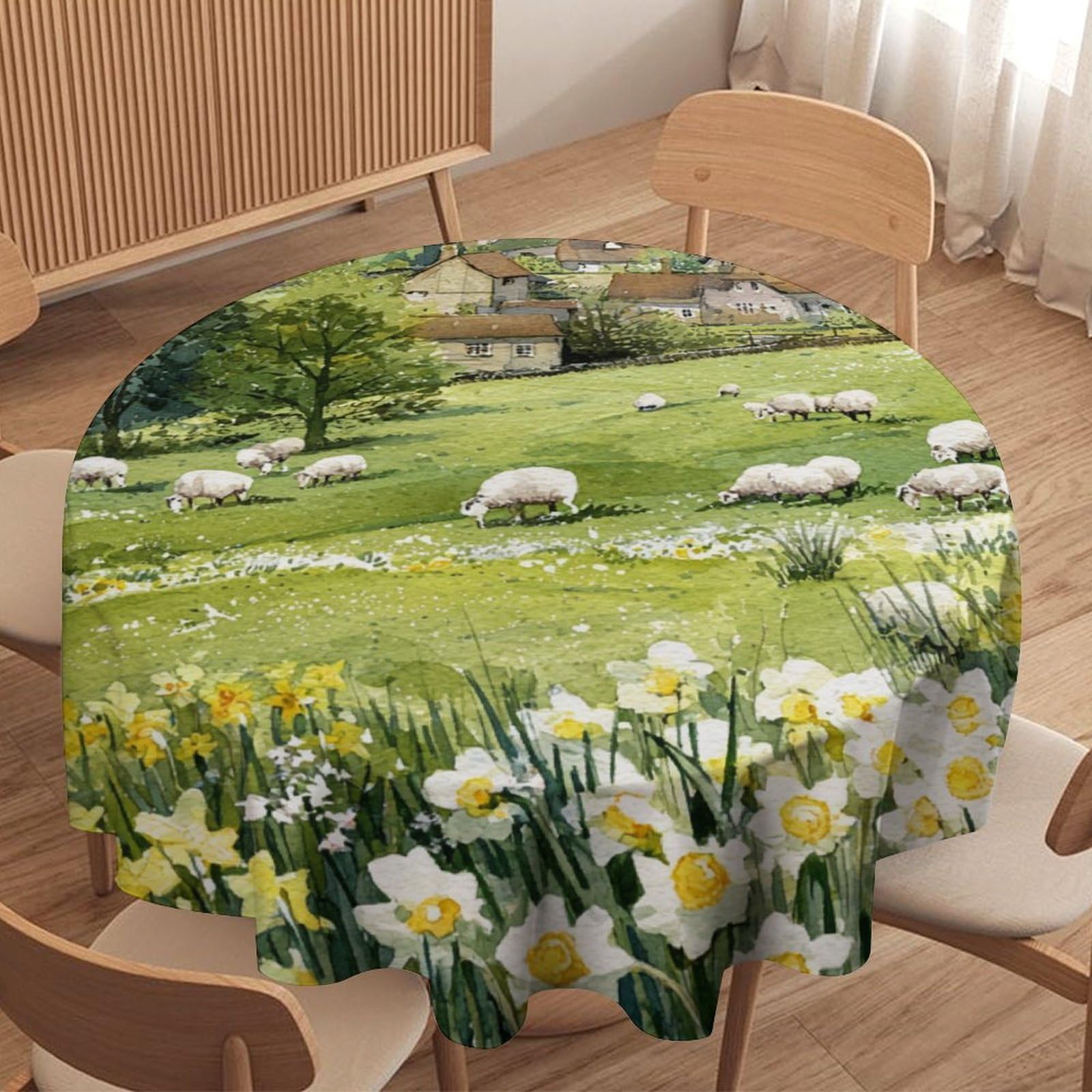 LUYYSKY Retro Classic Animals Alpaca Round Tablecloth Modern Art Western Spring Farmhouse Daisies Flowers Sheep Washable Decor for Table Cover for Kitchen-91.4" Wx91.4 L cm