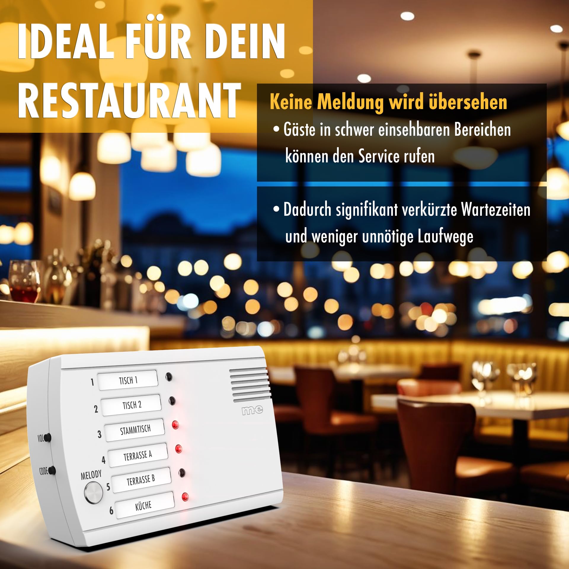 m-e FRS-106 | Funk-Rufton-System mit 6 Sendern + 1 Empfangszentrale | 6 Funk-Klingeln mit 1 Zentrale | Für bis zu 6 Personen, Räume oder Eingänge | Notrufsystem