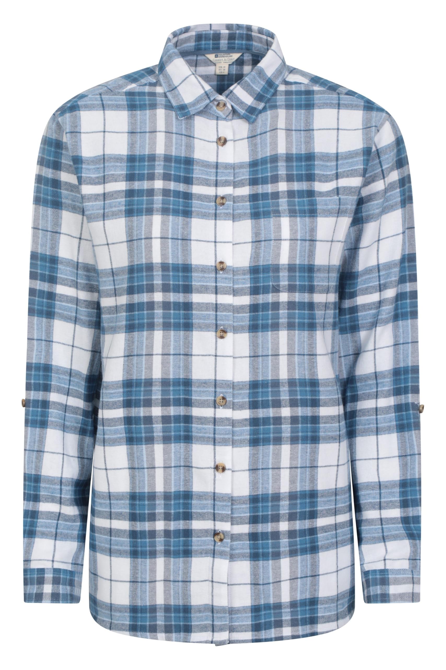 Mountain Warehouse Women's Corn Blue Balsam Brushed Longline Flannel Long Sleeve Shirt - Breathable Checked Shirt, Antipill, Lightweight Top, Warm -Clothing For Cold Weather Size 12