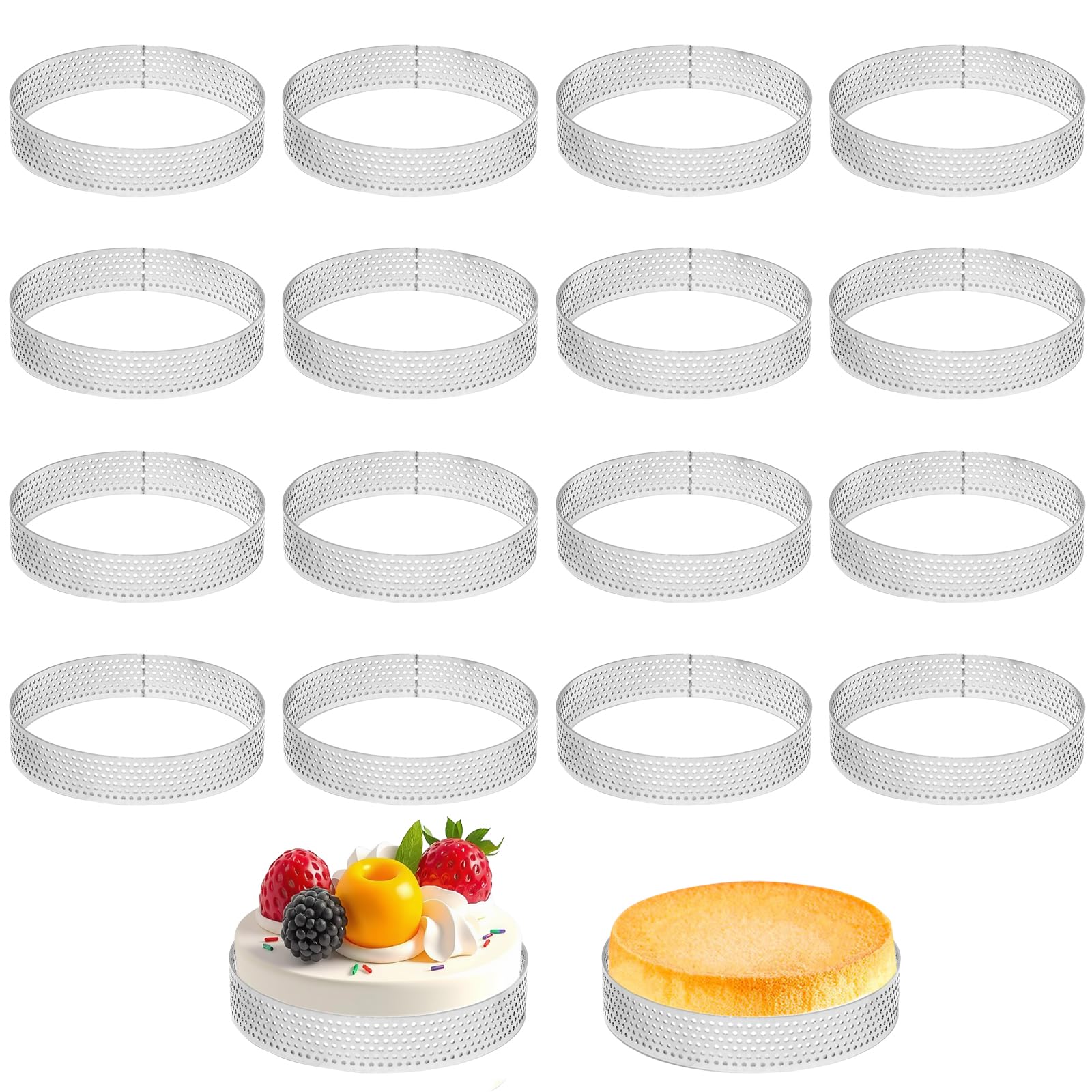 Pilikoll 16 Pcs Ø8cm Crumpet Rings Non Stick 430 Stainless Steel Tart Ring Perforated Baking Mould Heat-Resistant Cooking Rings Mousse Rings for Baking Dessert Ring DIY Porous Crumpet Rings