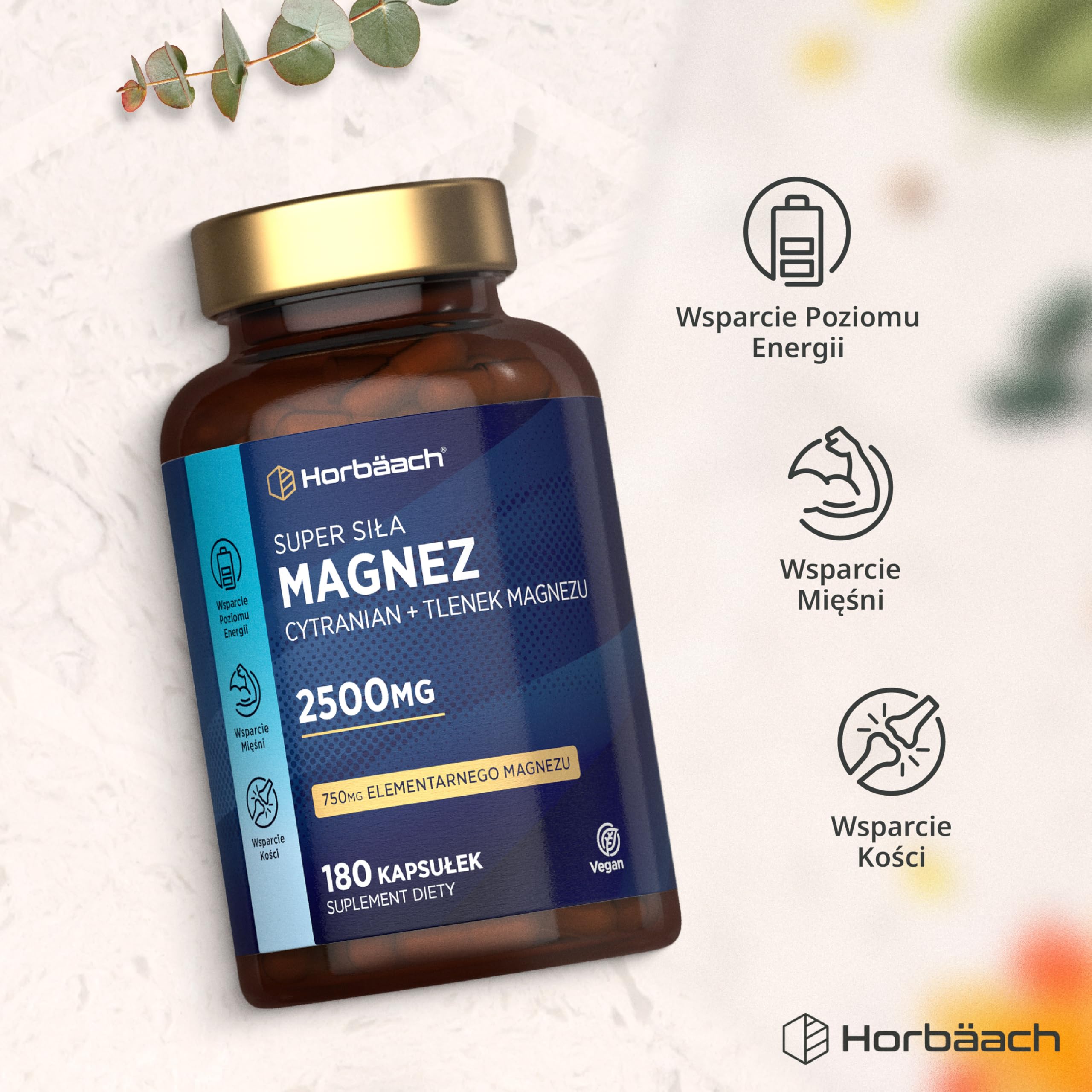 Cytranian Magnezu 2500 mg | Wysoka Dawka 750 mg Czystego Magnezu (Magnez Elementarny) | Cytryniany i Tlenki | 180 Kapsułek Wegańskich - Zapas na 2 Miesiące | marki Horbaach