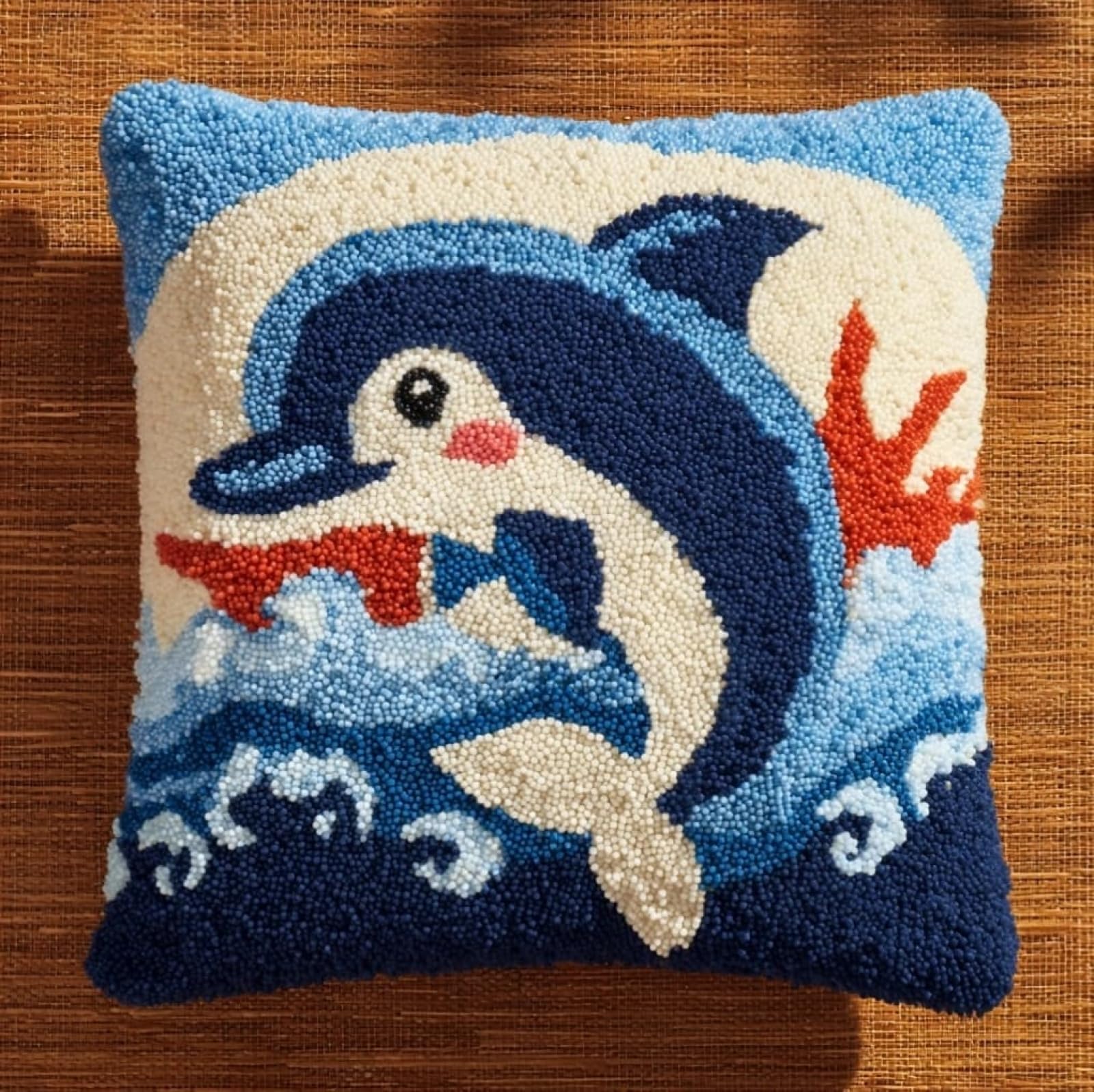 AxiangziK Handmade Latch Hook Cushion Kit 17x17 Inch,Animal Dolphin Complete DIY Pillow Making Kit for Home Decor - Bedroom Throw Pillow Craft Gift