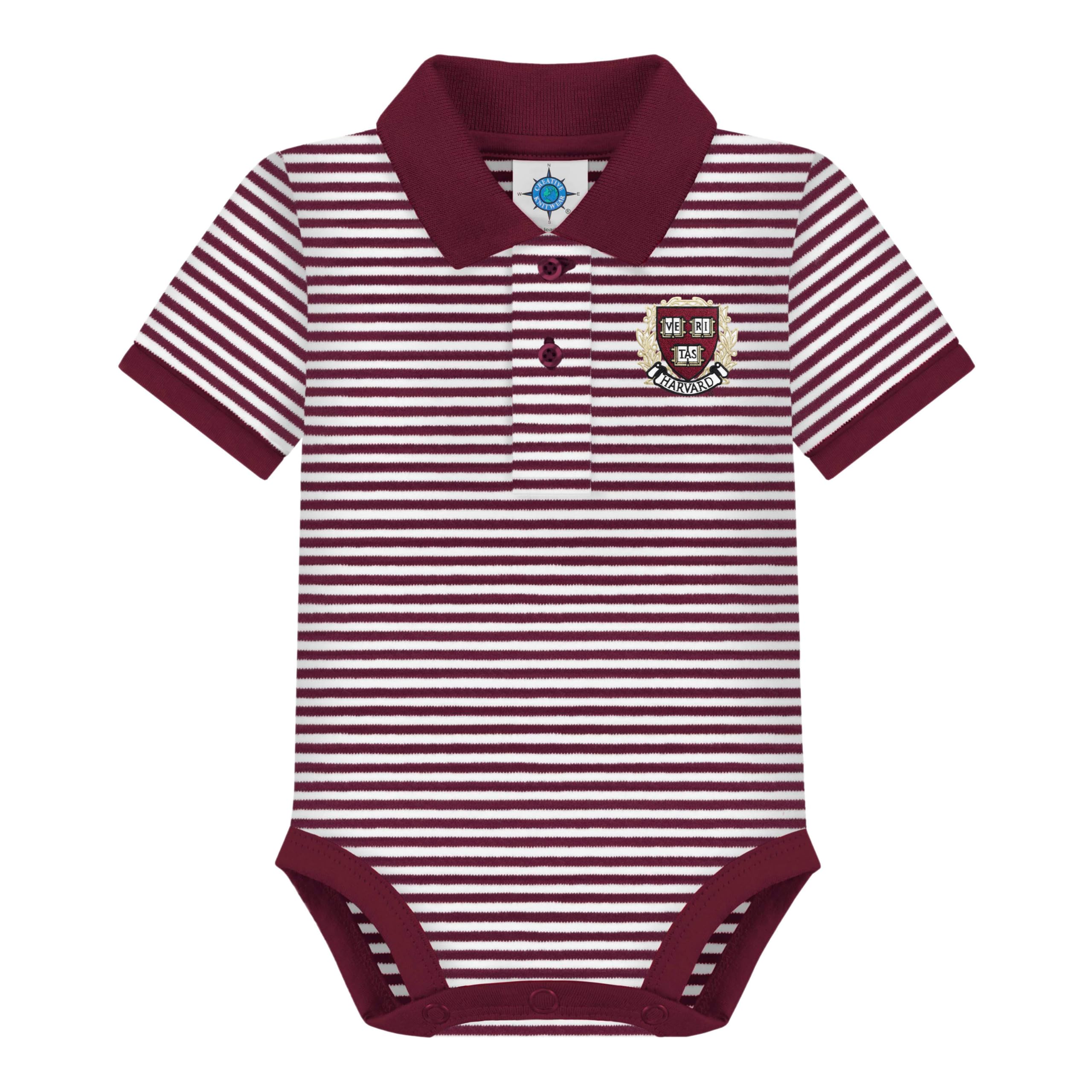 College Baby Harvard University Crest Newborn Striped Polo Bodysuit, Maroon/White, for Boys & Girls, 3-6 Months