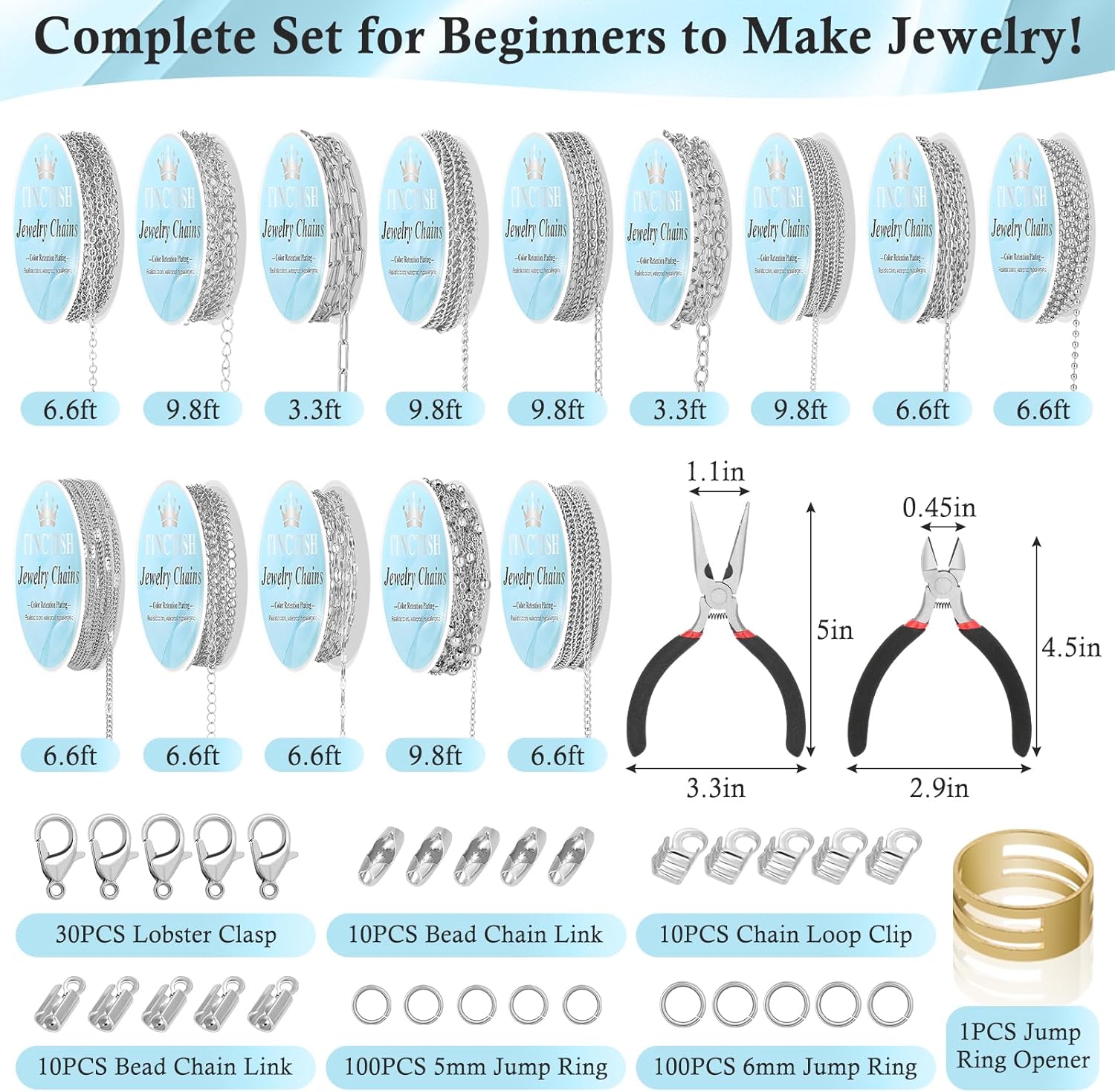 ROADPLUM 14Roll Silver Jewelry Making Kit - 102Ft Necklace Chains (Copper & Stainless Steel) with 2 Jewelry Pliers, 260+ Lobster Clasps, Jump Rings & Connectors