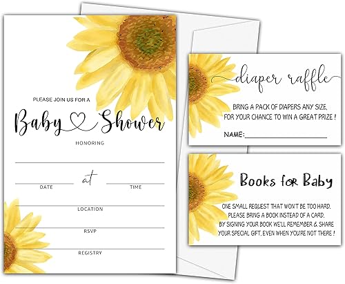 Kit de invitación para baby shower, juegos de rifa de pañales, libros para bebé, tarjetas de relleno de revelación de género de girasol para bebé,