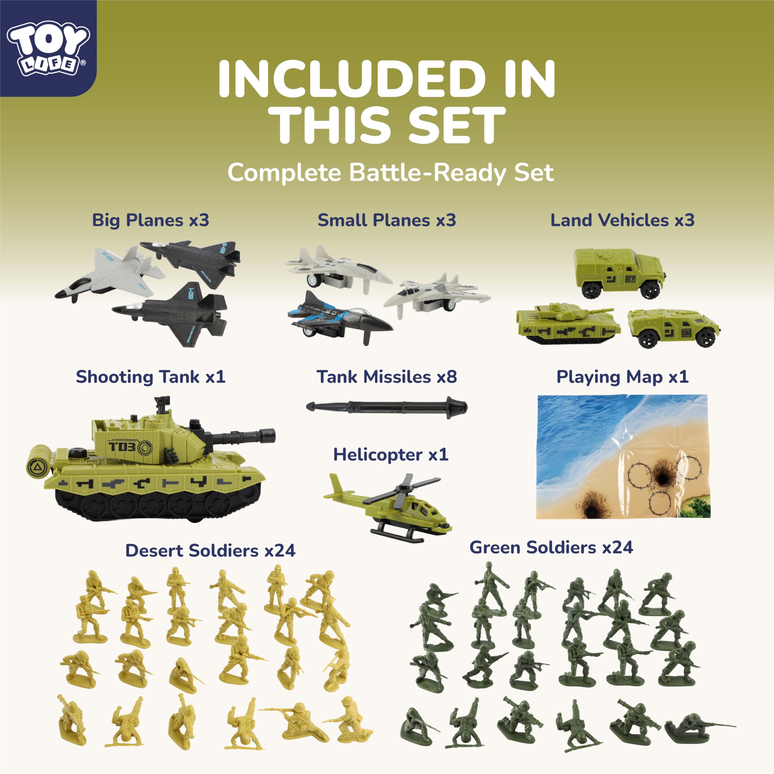 TOY Life Set de Juguetes de Soldados, Figuras de acción de plástico Verde, Juguetes para niños, Set de Soldados con vehículos - Juguetes para niños de 4 a 12 años