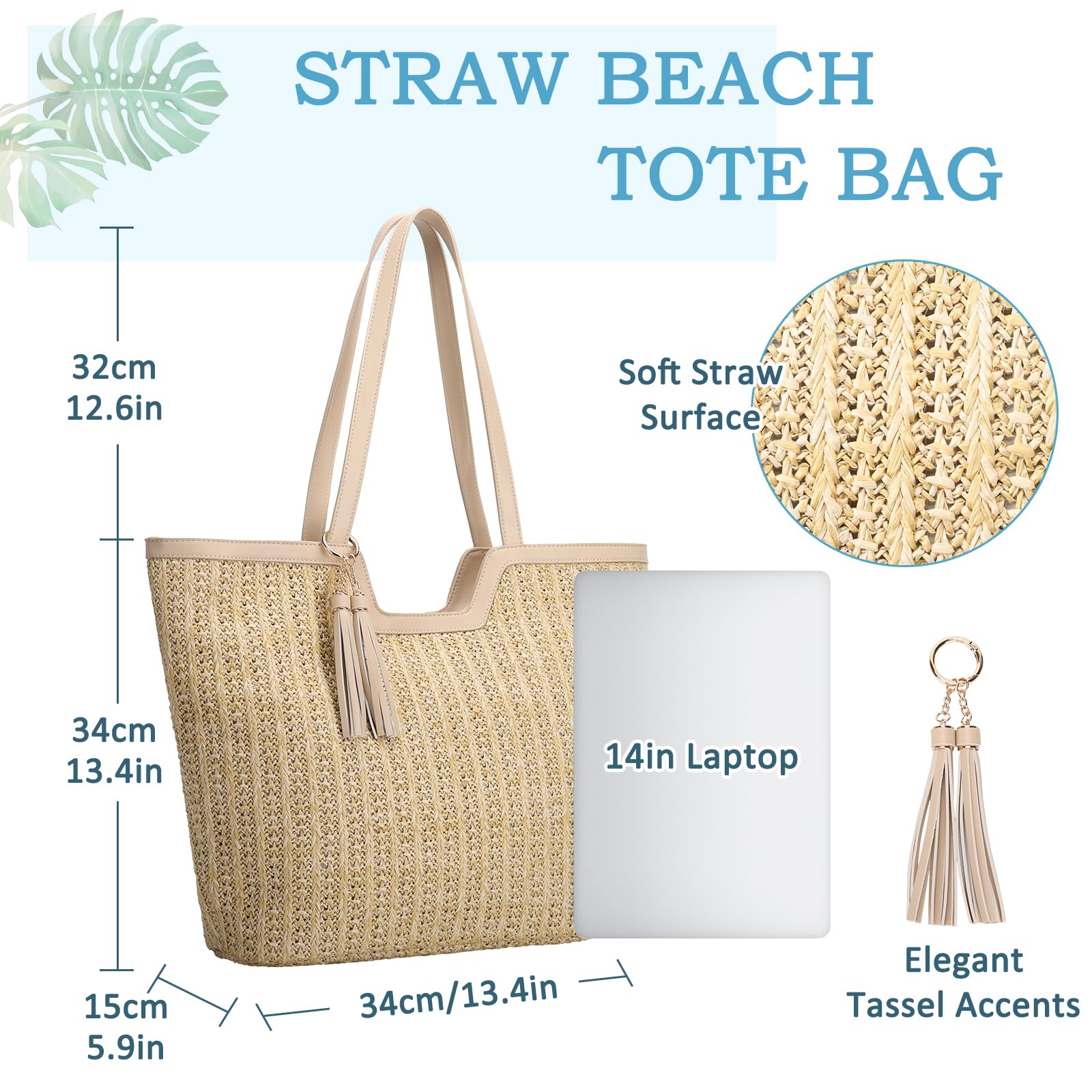 VASCHY Bolsa Playa de Paja para Mujer, Bolsa Tote Bag de Verano Bolsa de Hombro Plegable Bolsa de Mano para Shopper Viaje Bolso Bohemia con Cremallera para Uso Diario