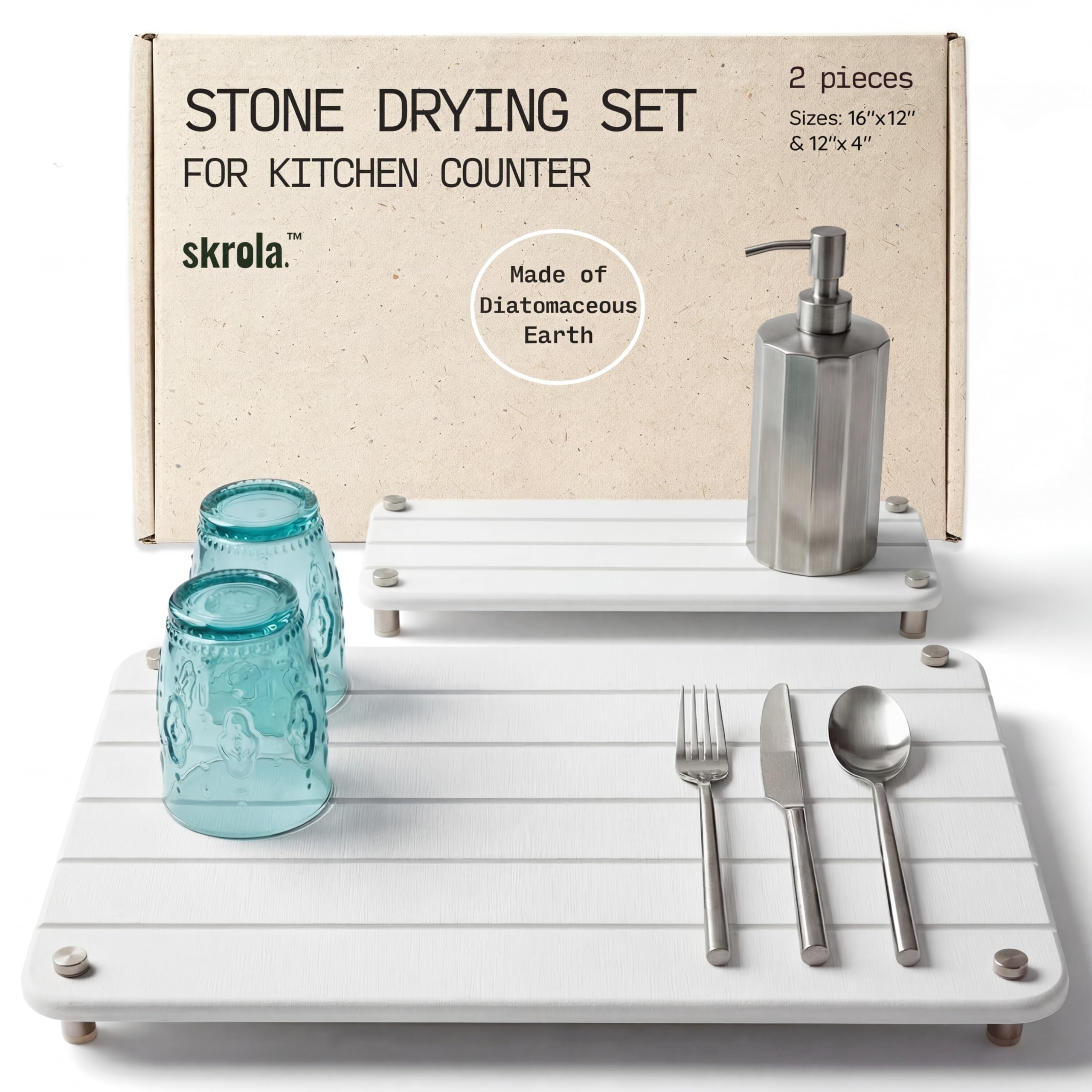 (2-in-1) SKROLA Stein-Trockenmatte für Küchentheke – 40,6 x 30,5 cm Diatomit schnell trocknender Stein Abtropfmatte für Küchentheke, schnell trocknende Stein-Abtropfmatte