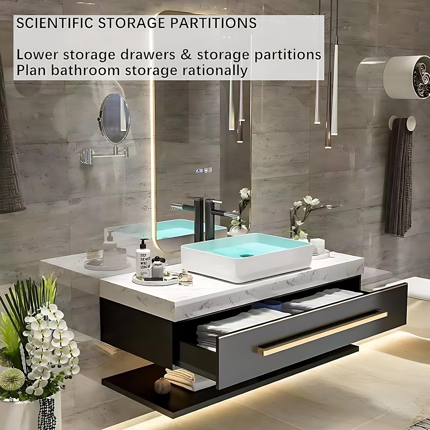 Modern Floating Bathroom Vanity with Sink - Stylish Bathroom Vanity Set | Includes LED Smart Defogging Mirror & Faucet | Multi-Layer Solid Wood Material | Ceramic Sink (Double Sink,80 in)