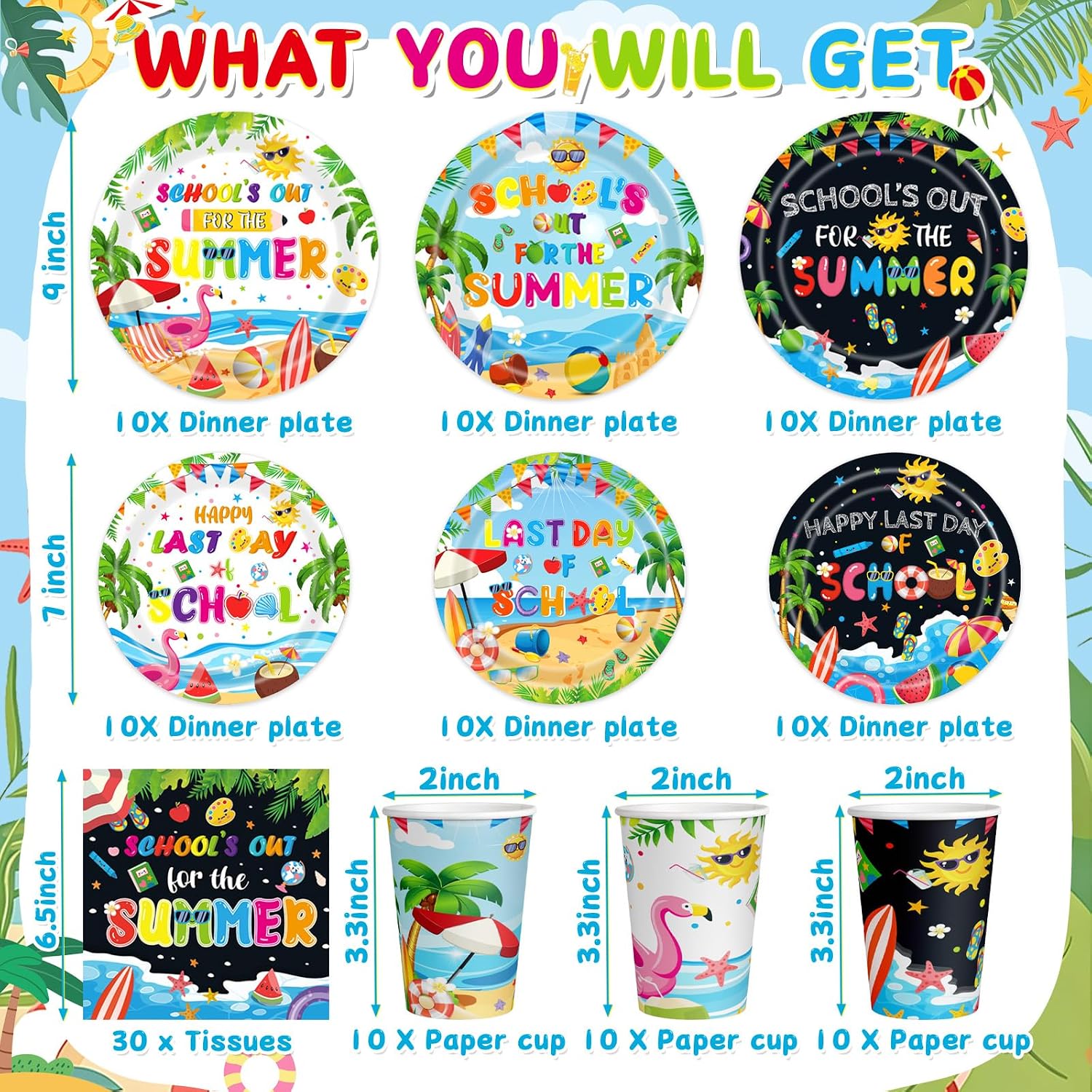 School's Out for Summer Party Supplies, Disposable Plates Napkins Cups Set, Preschool Kindergarten Graduation End of School Year Tableware Decorations, Serves 30 Guests image 2