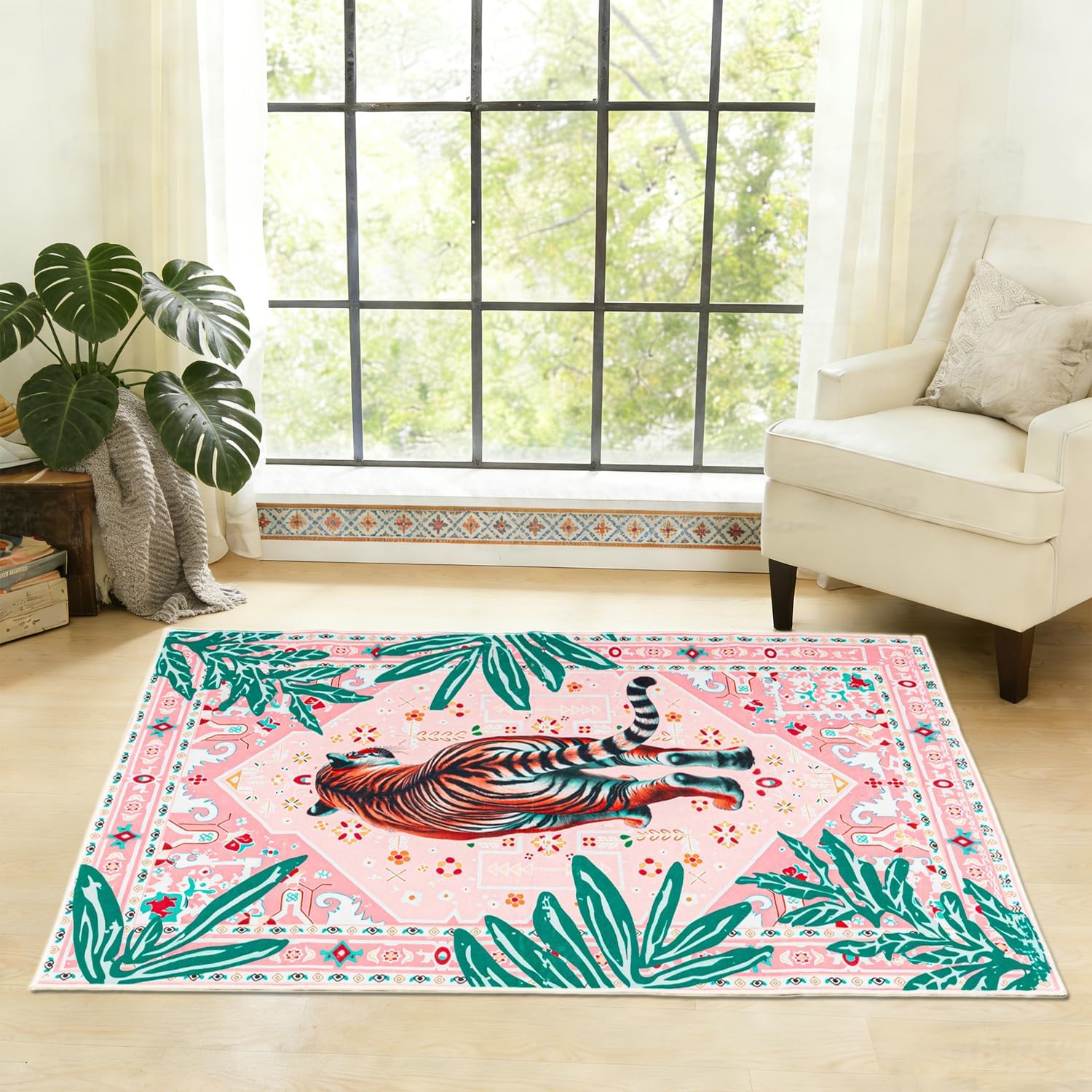 3x5 Pink Tiger Rug, Washable Boho Animal Print Area Rug, Non-Slip Low Pile Vintage Funky Aesthetic Carpet for Bedroom Living Room Bathroom Kitchen Entryway Dorm Home Decor