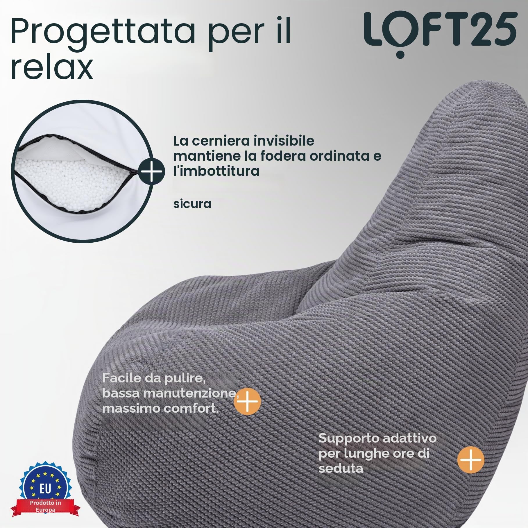 Loft 25 Poltrona a sacco per adulti, con schienale alto, in tessuto di velluto a coste, per interni, soggiorno, gioco, fodera interna, design ergonomico per il supporto del corpo (pouf, carbone)