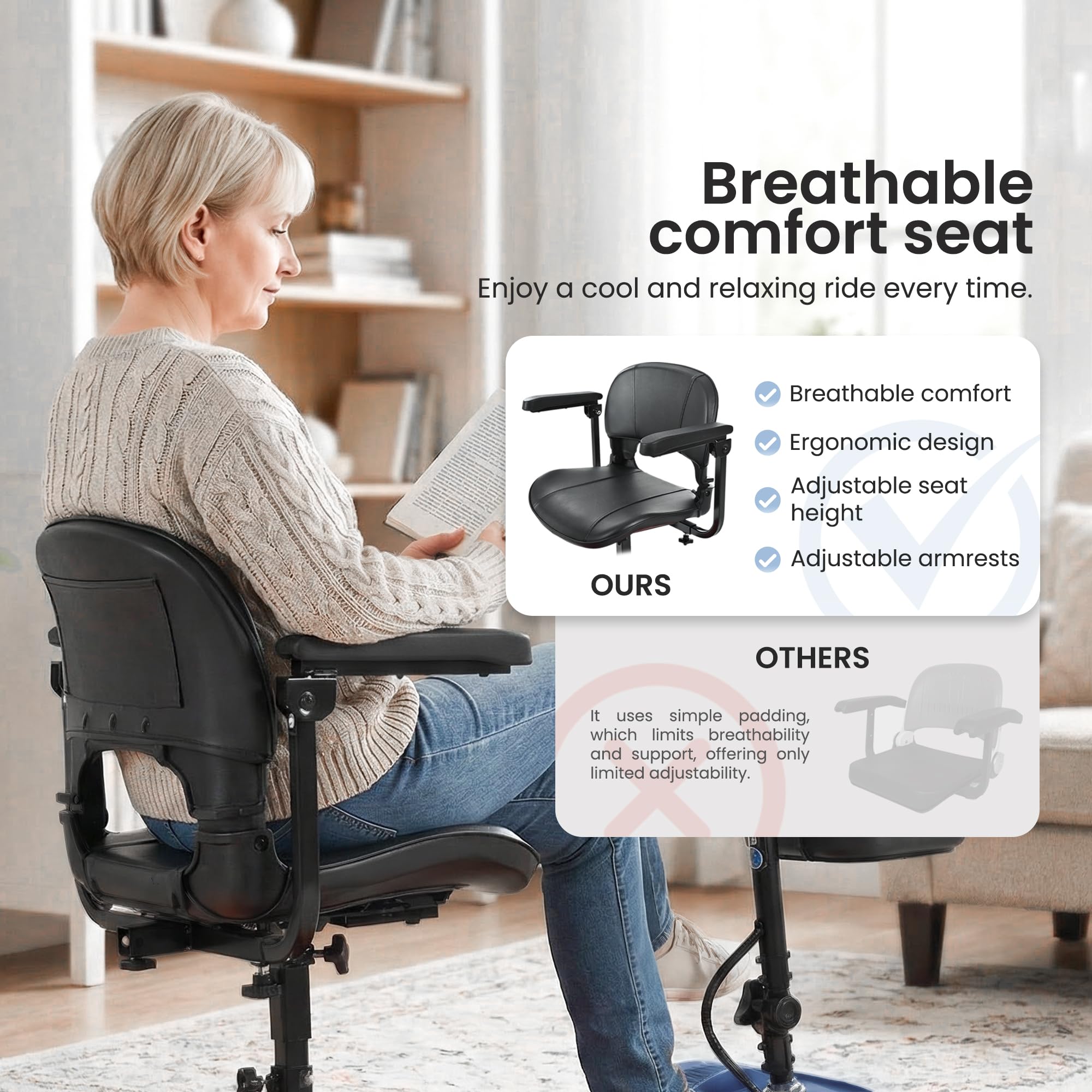 El scooter plegable S2 de movilidad para personas mayores cuenta con un asiento cómodo, manillar ajustable, batería extraíble y puerto de carga USB, con una capacidad de carga máxima de 150 kg.(azul)