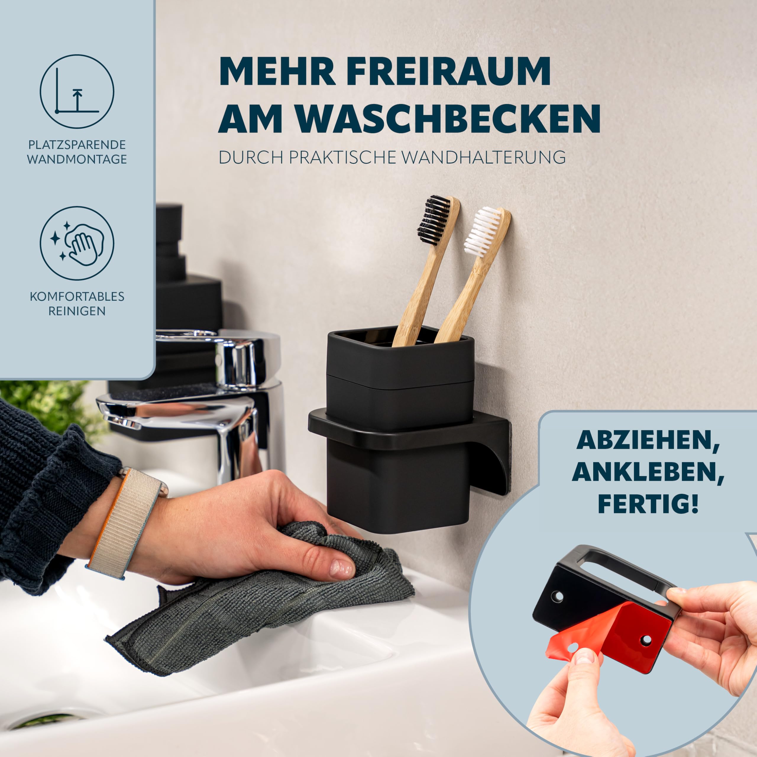 bremermann Badezimmer-Set Savona mit Soft-Touch Oberfläche inkl. Wandhalterung, eckiges Bad-Accessoires Set 2tlg. bestehend aus 1x Seifenspender und 1x Becher aus Kunststoff (Schwarz)