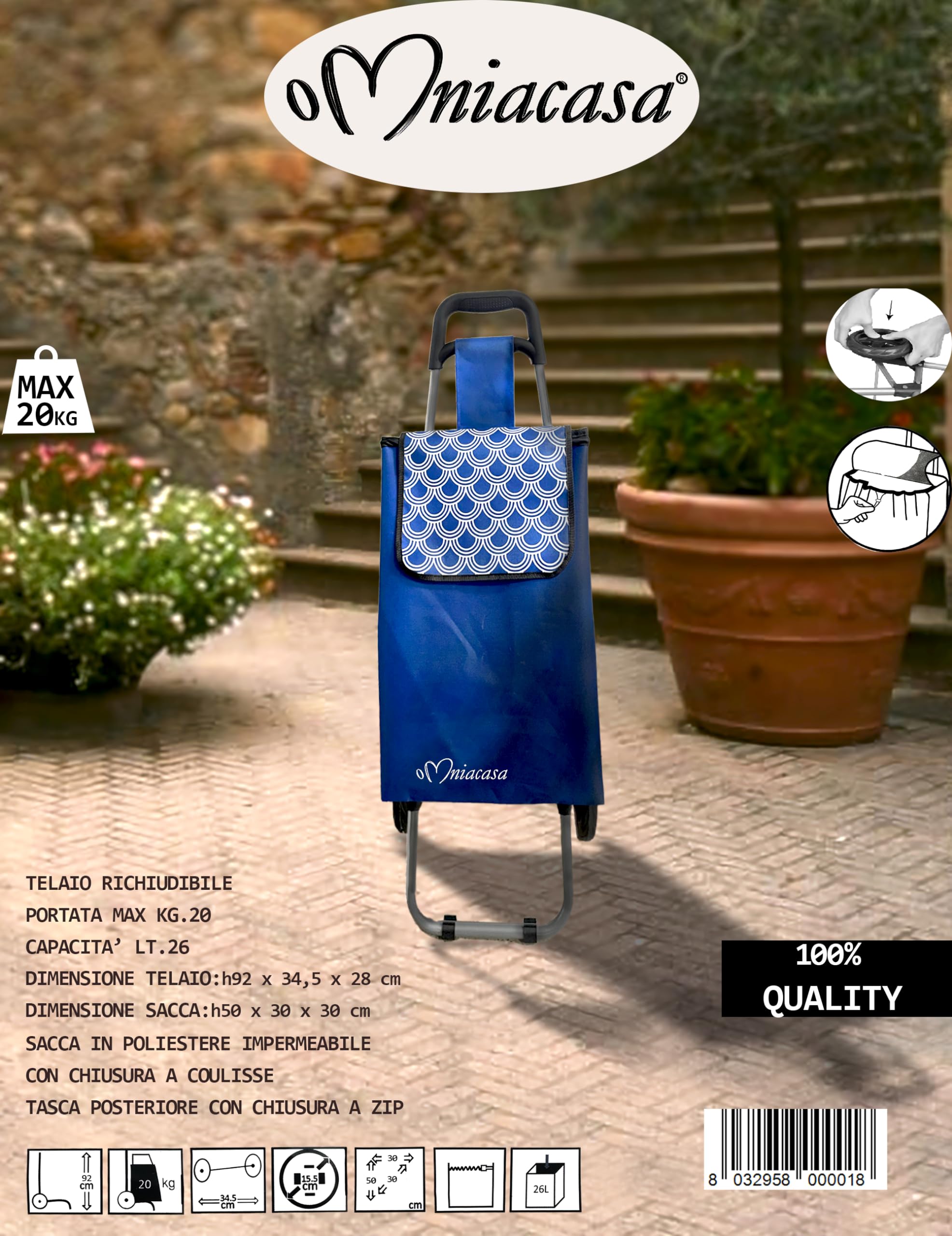 Carrello Spesa Pieghevole Leggero Con 2 Ruote Grandi | 20 kg Di Carico e 35lt Di Capacità | Colore Blu | Per La Spesa Quotidiana | Maniglie Antiscivolo E Tasca Per Oggetti