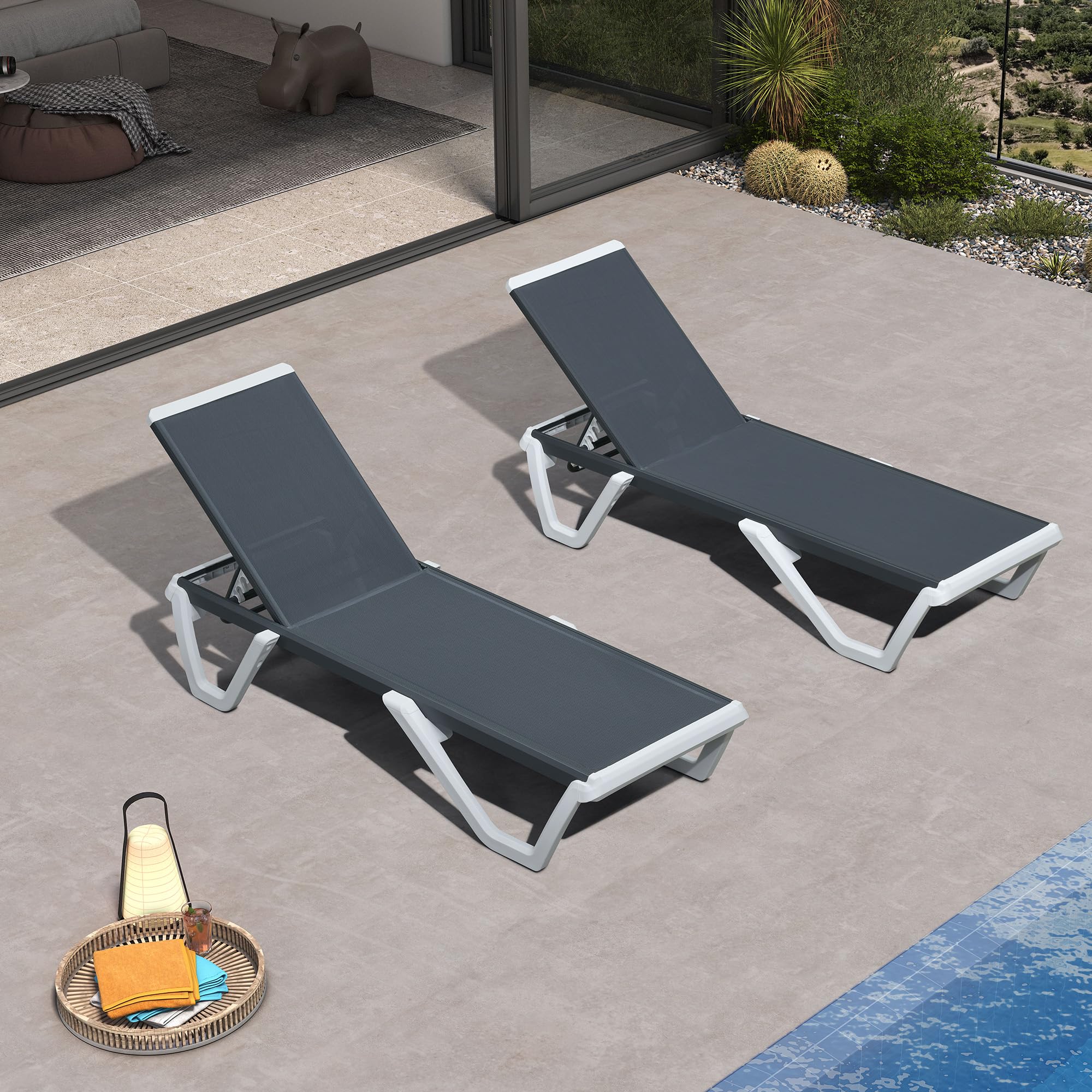 PURPLE LEAF Patio Chaise Lounge Set of 2 Plastic Pool Outdoor Lounge Chair with Aluminum Frame Stackable Patio Tanningchairs for Poolside Sunbathing