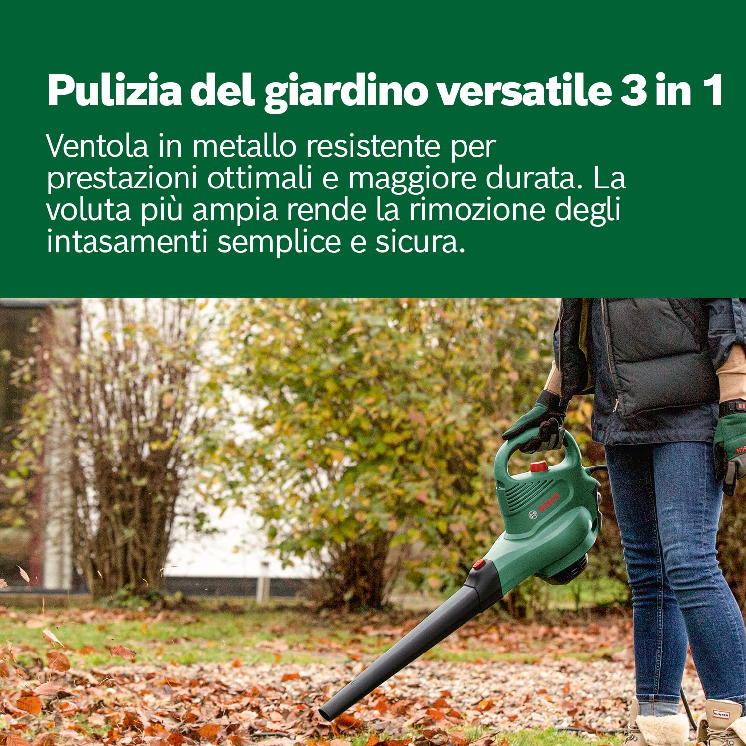 Bosch Soffiatore/Aspiratore Elettrico Universalgardentidy 3000, 3000 W, Sacco Di Raccolta Da 50 L, Verde
