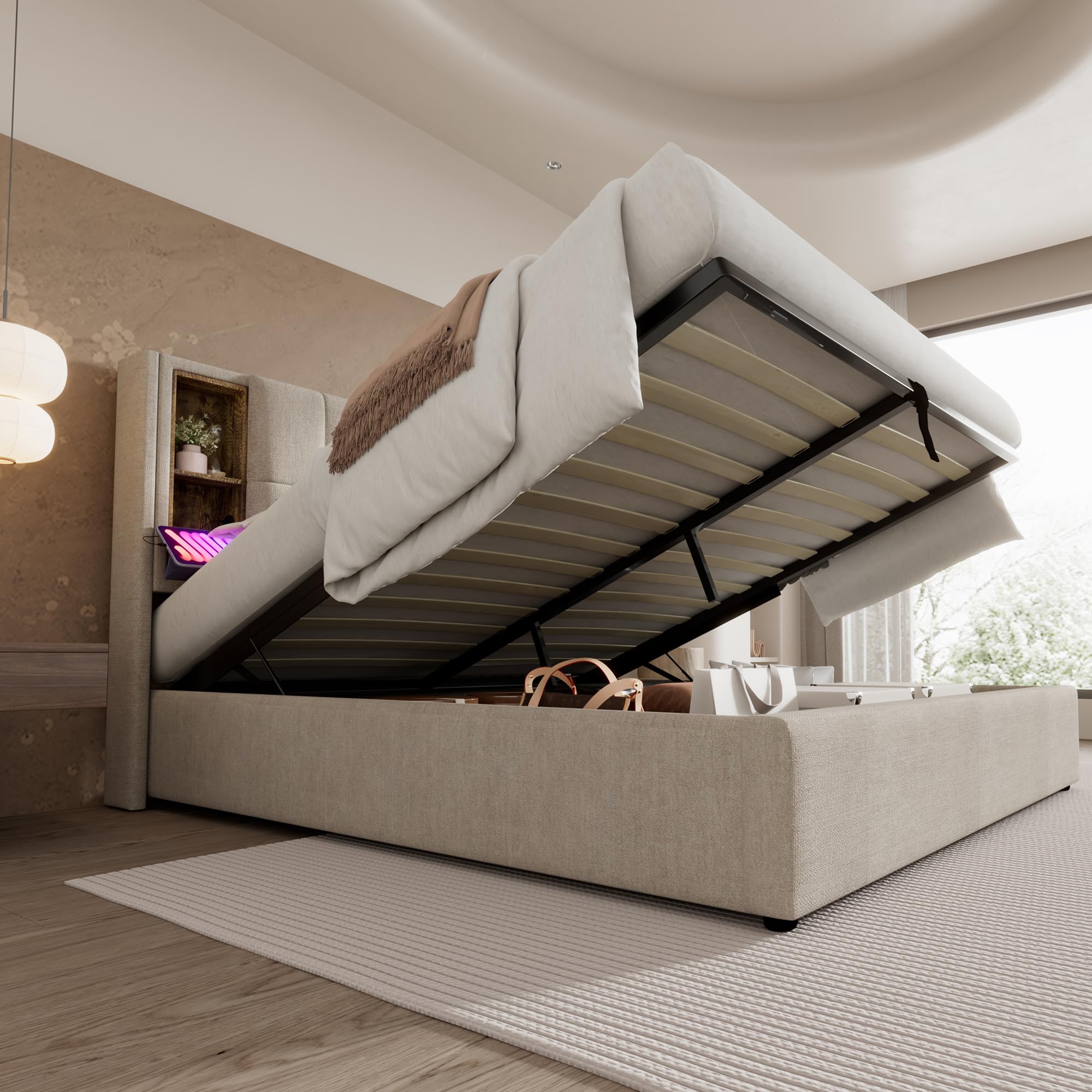 Houten bed tweepersoonsbed gemaakt van bedframe met hoofdeinde met lattenbodem 200 x 140 cm massief hout FSC massief tweepersoonsbed dat kan worden gebruikt als grenen bed,Beige