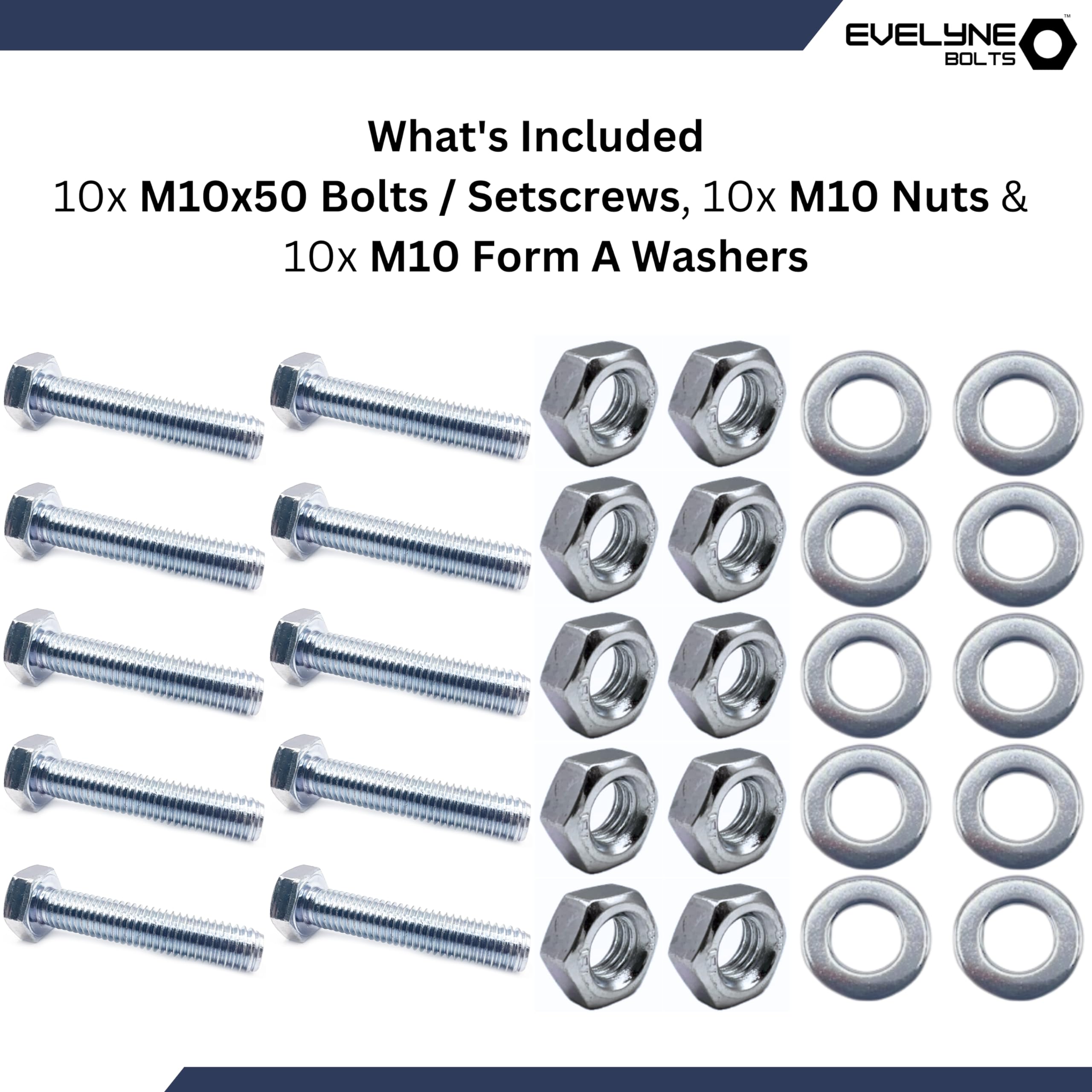 M10 Nut, Bolt & Form A Washer Set. 10 pack, M10x50 Bolts, 10mm Nuts & 10mm Form A Washers, Silver, M10x50 Bolts, M10 Nuts - Image 2